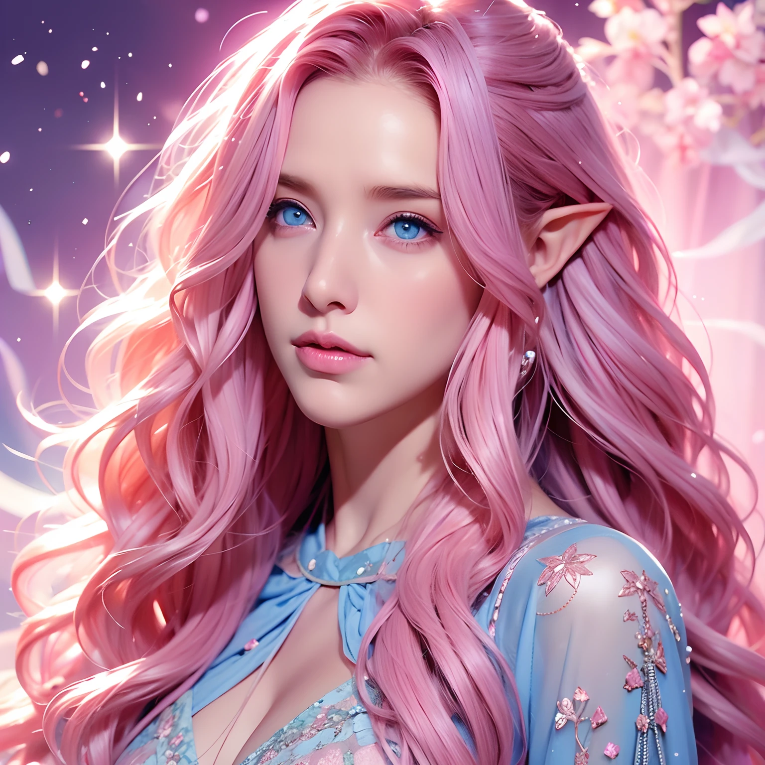 a woman, long curly hair, pink hair, blue eyes, magical background, star, low-cut clothes, pink dress, elf