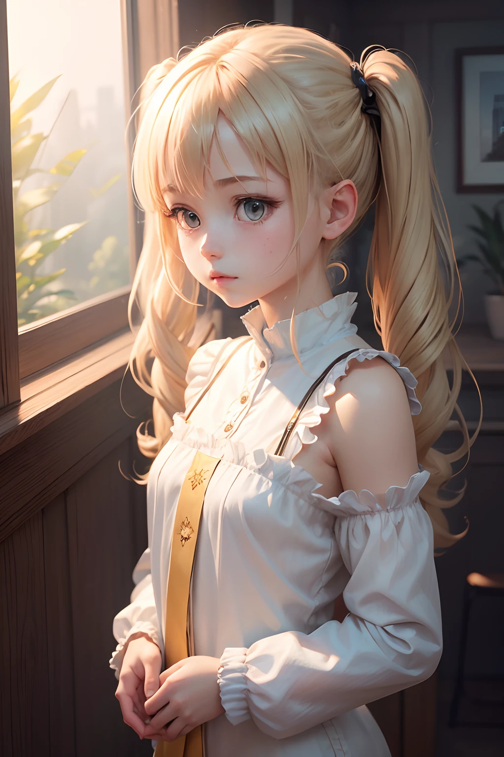 (the Extremely Detailed CG Unity 8K Wallpapers), most beautiful artwork in the world, 1girl in, Upper body,Petite girl with blonde twin tails,Angel in White