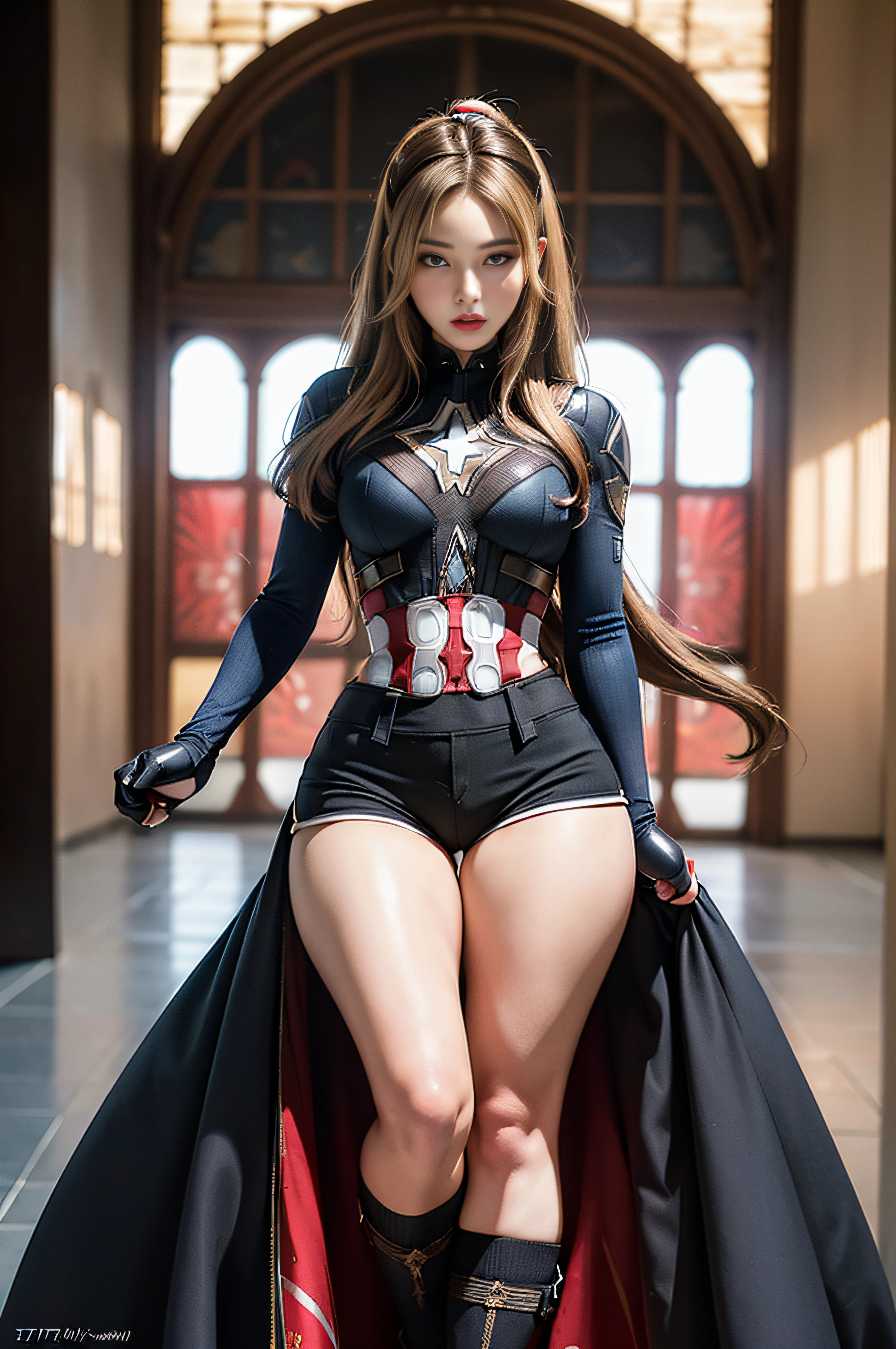 1 girl, ((())), (((perfect body))), masterpiece, best quality, 8k, ultra detailed skin texture, ultra detailed fabric texture, beautiful detailed face, (((extremely beautiful))), intricate details, ultra detailed, ((Captain America style Black Widow)), (((straight blonde hair))), extremely beautiful blonde, (((ultra detailed long hair))), large red hair ribbon, ponytail,  dynamic pose, ((costume leaves thighs exposed)), (ultra detailed legs), ((shorts)), ((skirt)), (((wide hips))), (ultra detailed thick thighs), sexy, seductive pose, (((extreme hourglass figure))), ultra detailed deep red lipstick, ultra detailed lips, ultra detailed blue eyes, seductive look, (slanted eyes), ultra detailed provocative mouth, extremely beautiful seductive lips, blush, professional makeup,  Eye shadow.