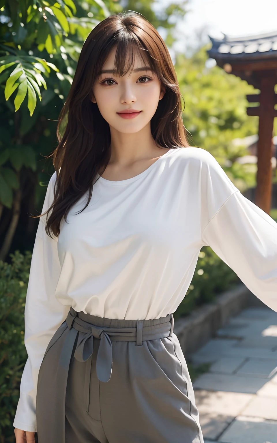 Masterpiece, Best picture quality, High quality, Outdoor background,Beautiful woman, Japanese, Detailed, Detailed eyes, Detailed skin, Beautiful skin, 超A high resolution, (reality: 1.4),Very beautiful, Slightly younger face, Beautiful skin, Slender, (Ultra photo realsisim), (A high resolution), (8K), (Very detailed) (Beautifully detailed eyes), (Super detailed), leisure wear,校服,Pants, (the wallpaper), (Detailed face), view the viewer, Fine details, Detailed face, Smiling, Staring straight ahead, Staring straight ahead, angle from waist up, Realistic photo, Bright lighting, Professional lighting, Mature woman, Brown hair, Sway in the wind Straight hair side by side, Long stylish bangs,