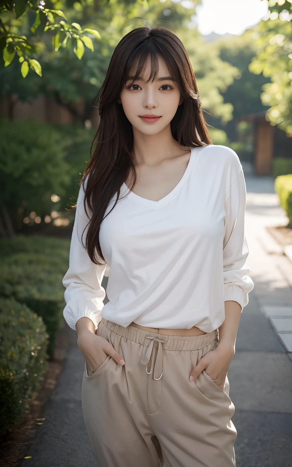 Masterpiece, Best picture quality, High quality, Outdoor background，Beautiful woman, Japanese, Detailed, Detailed eyes, Detailed skin, Beautiful skin, 超A high resolution, (reality: 1.4),Very beautiful, Slightly younger face, Beautiful skin, Slender, (Ultra photo realsisim), (A high resolution), (8K), (Very detailed) (Beautifully detailed eyes), (Super detailed), leisure wear，校服，Pants, (the wallpaper), (Detailed face), view the viewer, Fine details, Detailed face, Smiling, Staring straight ahead, Staring straight ahead, angle from waist up, Realistic photo, Bright lighting, Professional lighting, Mature woman, Brown hair, Sway in the wind Straight hair side by side, Long stylish bangs,