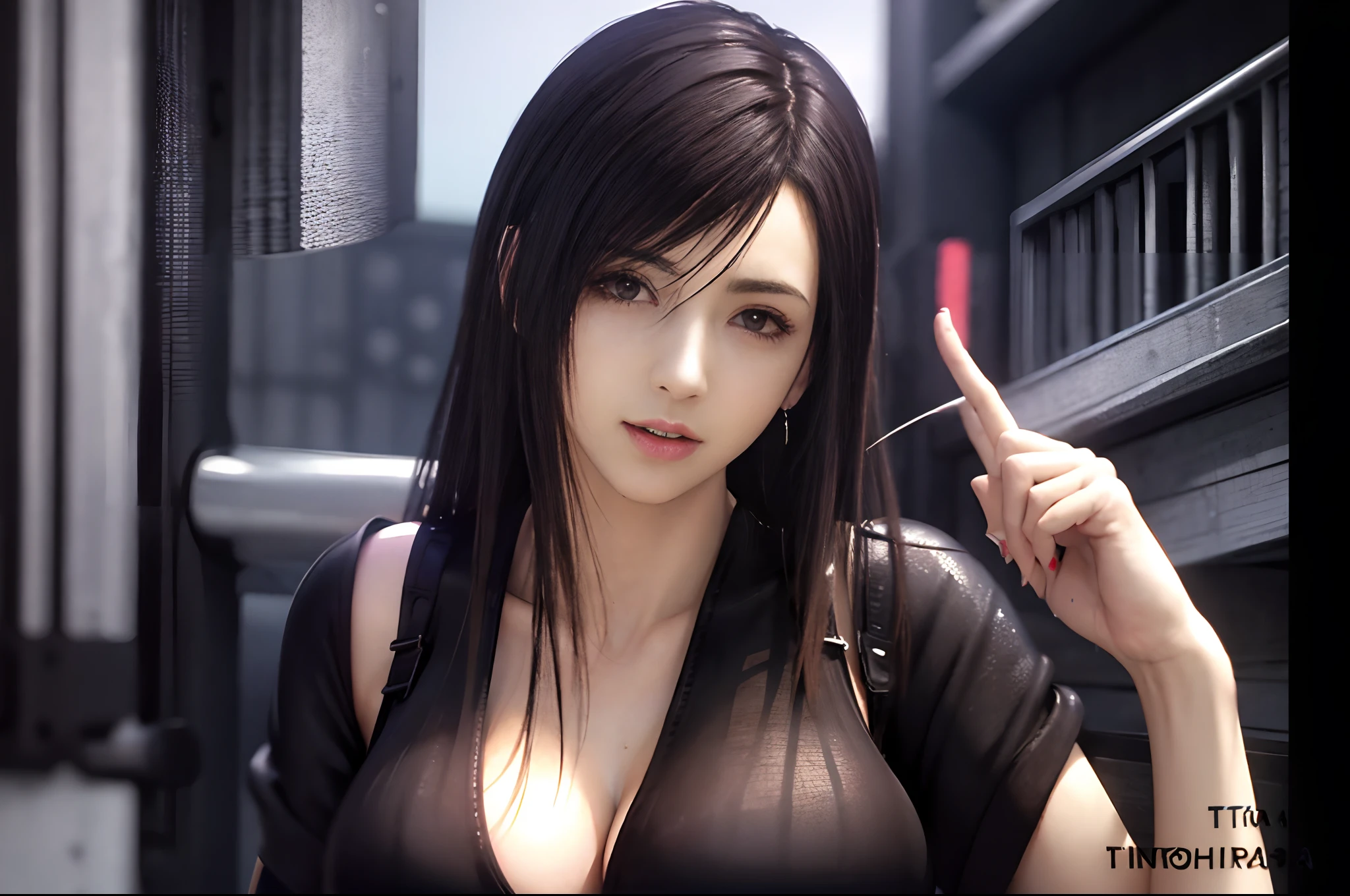 1girl in, Solo, Long hair, Colossal tits, Looking at Viewer, super detailed skin, Unity 8k壁纸, Realistic, Sexy High Quality, Ultra High Resolution, realisticeyes, perfect bodies, (Delicate hands), (Ultra detailed hands), (Perfect hands)、Detail Eye、erotick、Lustrous hair、(((Tifa_Eta,Tifa_outfit,Bursting breasts、Sheer clothing、Wet clothes、Luster)))、((seducting smile))