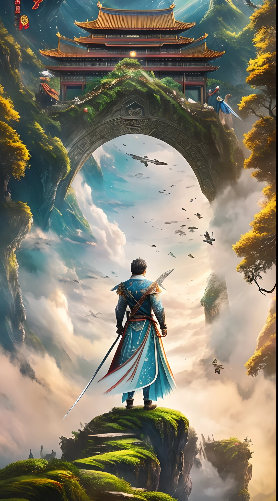 Fantasy fairy tale novel cover,China-style,visto ao longe,A man,Sword fairy dress-up,Face away from the camera,Stand on the top of the Cloud Mountain,Looking Up The Sky,There are huge birds in the sky,At the end of the sky,another, A bigger world is imminent。