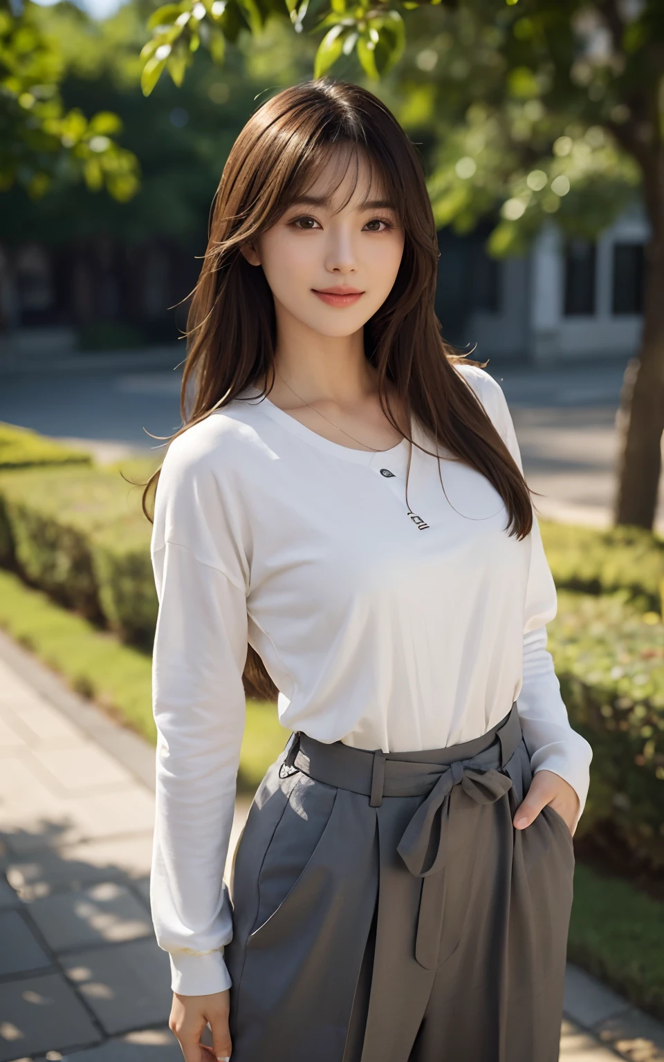 Masterpiece, Best picture quality, High quality, Outdoor background，Beautiful woman, Japanese, Detailed, Detailed eyes, Detailed skin, Beautiful skin, 超A high resolution, (reality: 1.4),Very beautiful, Slightly younger face, Beautiful skin, Slender, (Ultra photo realsisim), (A high resolution), (8K), (Very detailed) (Beautifully detailed eyes), (Super detailed), leisure wear，校服，Pants, (the wallpaper), (Detailed face), view the viewer, Fine details, Detailed face, Smiling, Staring straight ahead, Staring straight ahead, angle from waist up, Realistic photo, Bright lighting, Professional lighting, Mature woman, Brown hair, Sway in the wind Straight hair side by side, Long stylish bangs,