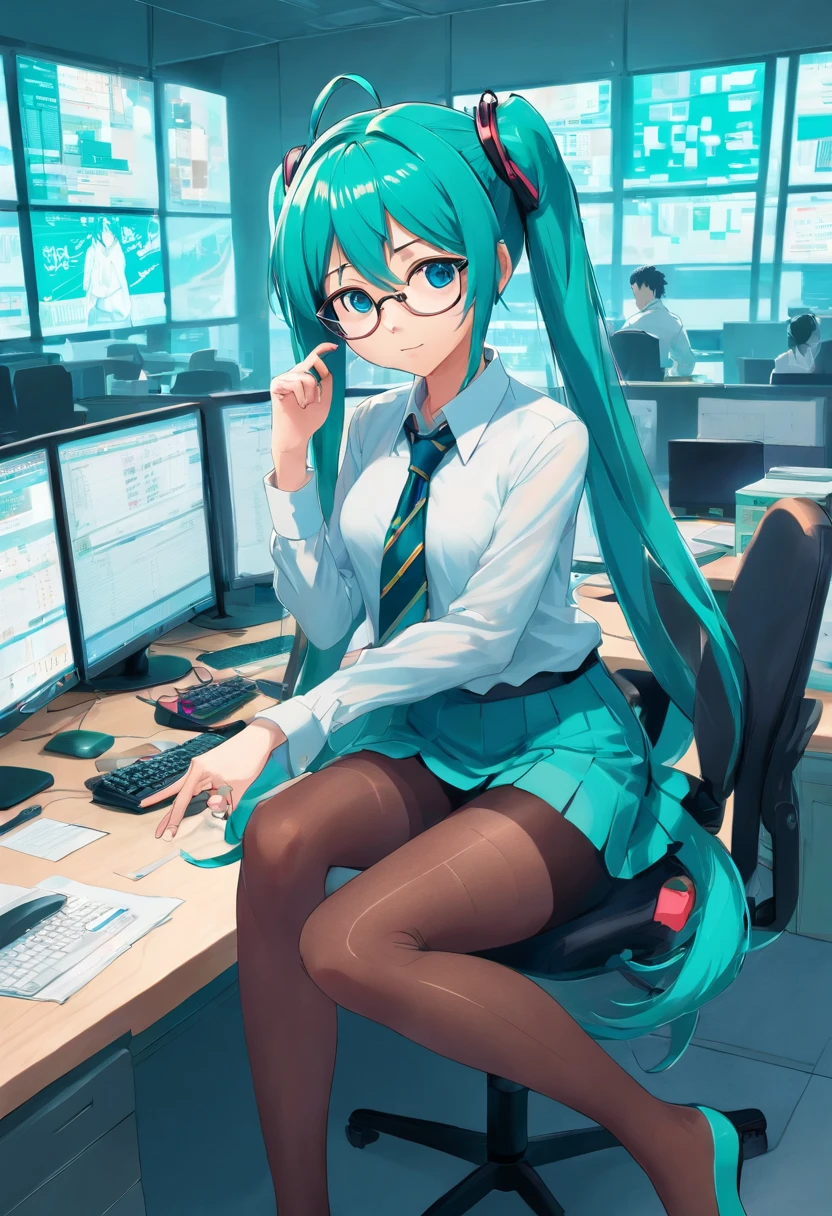 Hatsune Miku, sexual expression invite,sexual face,pantyhose Detailed((tights with detailed textures)), ((sleeve less office shirt)), ((necktie)), ((glasses)), feet to the viewer,feet in front of the spectator,feet occupying the entire screen, feet on the screen covering the character
