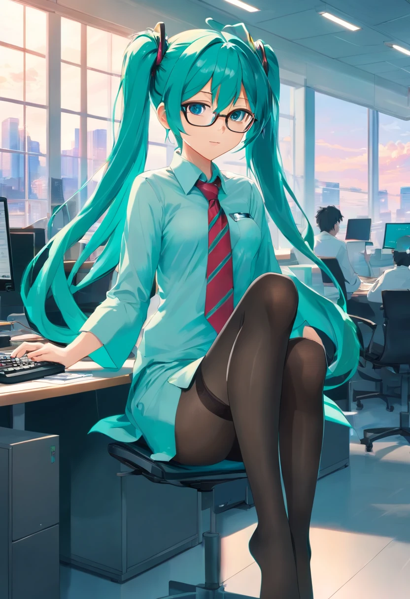 Hatsune Miku, sexual expression invite,sexual face,pantyhose Detailed((tights with detailed textures)), ((sleeve less office shirt)), ((necktie)), ((glasses)), feet to the viewer,feet in front of the spectator,feet occupying the entire screen, feet on the screen covering the character