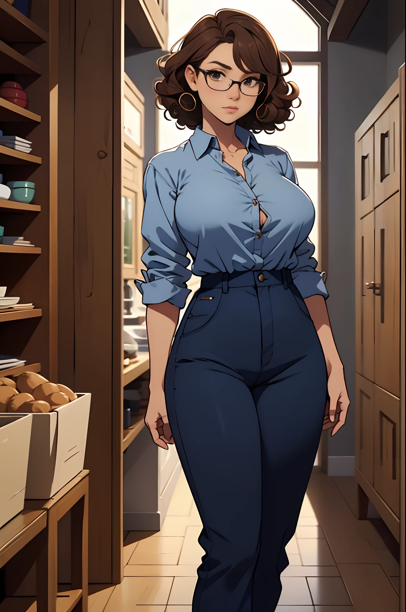 Solo, female, standing, looking at viewer, (tan skin), fantasy village, linen shirt, navy blue clothes, pants, light brown hair, curly hair, glasses, big breasts