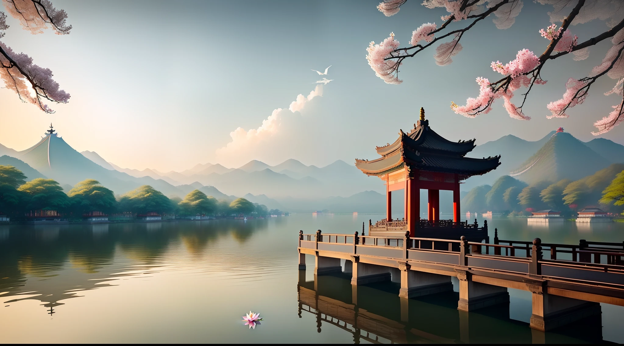 A masterpiece, exquisite. The beautiful scenery of Hangzhou West Lake, near the lake, lotus flowers, in the distance is Leifeng Pagoda, and in the sky is cranes