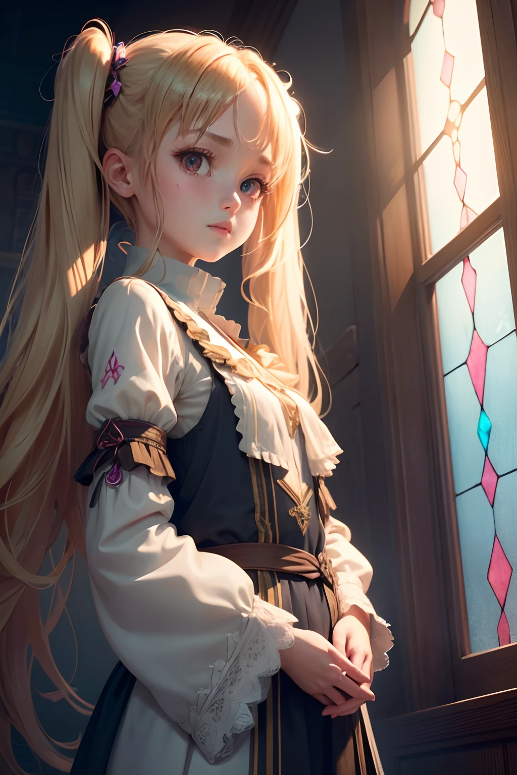 (the Extremely Detailed CG Unity 8K Wallpapers), most beautiful artwork in the world, 1girl in, Upper body,Petite girl with blonde twin tails,angelicales,stain glass