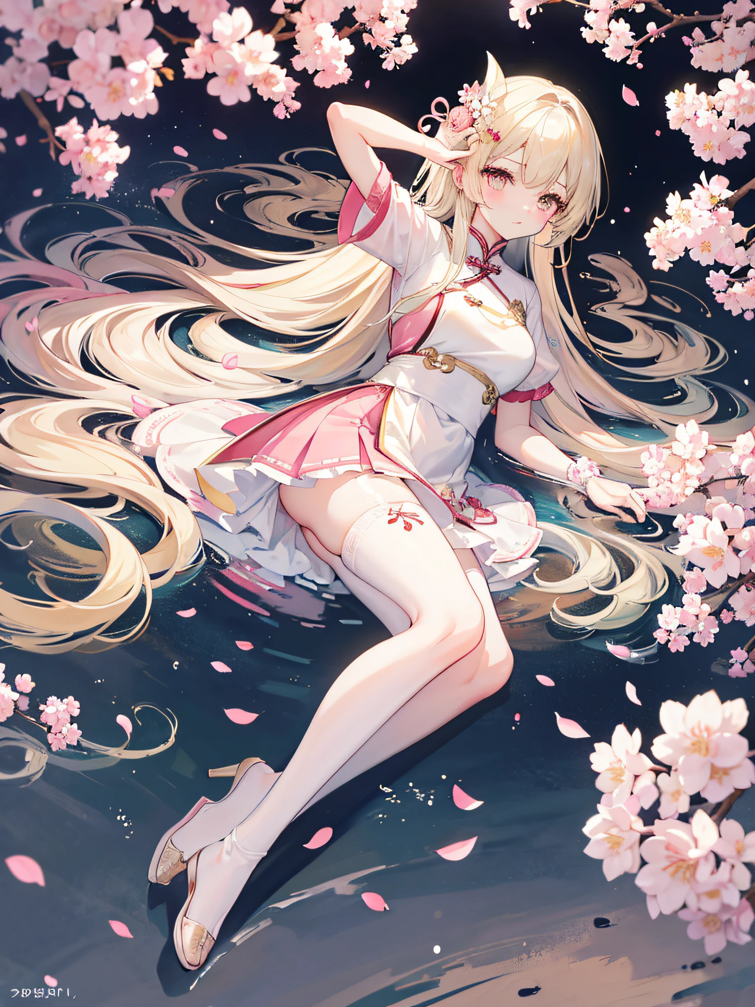 16K，Two-dimensional girls，Light yellow flowing long hair（1:1.5），Cherry blossom pink white eyes，Fallen leaf hair ornaments（1:1.25），White and light yellow color-block short skirt Chinese dress，（On the upper left side of the chest there is a solid decoration that resembles a pudding），White suspender stockings（（There are golden moire patterns on the thigh of the right leg）），Very cute。