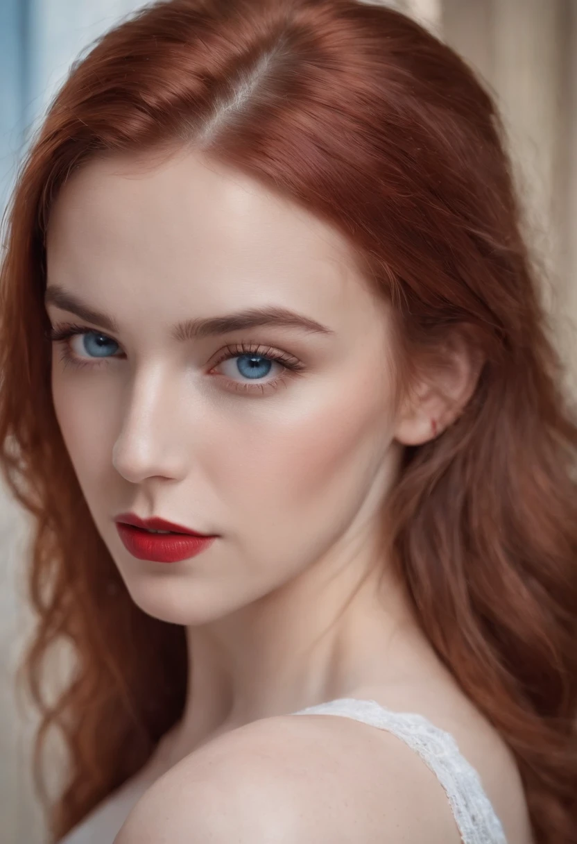 Beautiful greek woman 24 age 4k-resolution . with white transpirent t-shirt Maximum realistic hyper-detailed skin, (profesional photography) blue eyes red lipstick on the lips
red hair