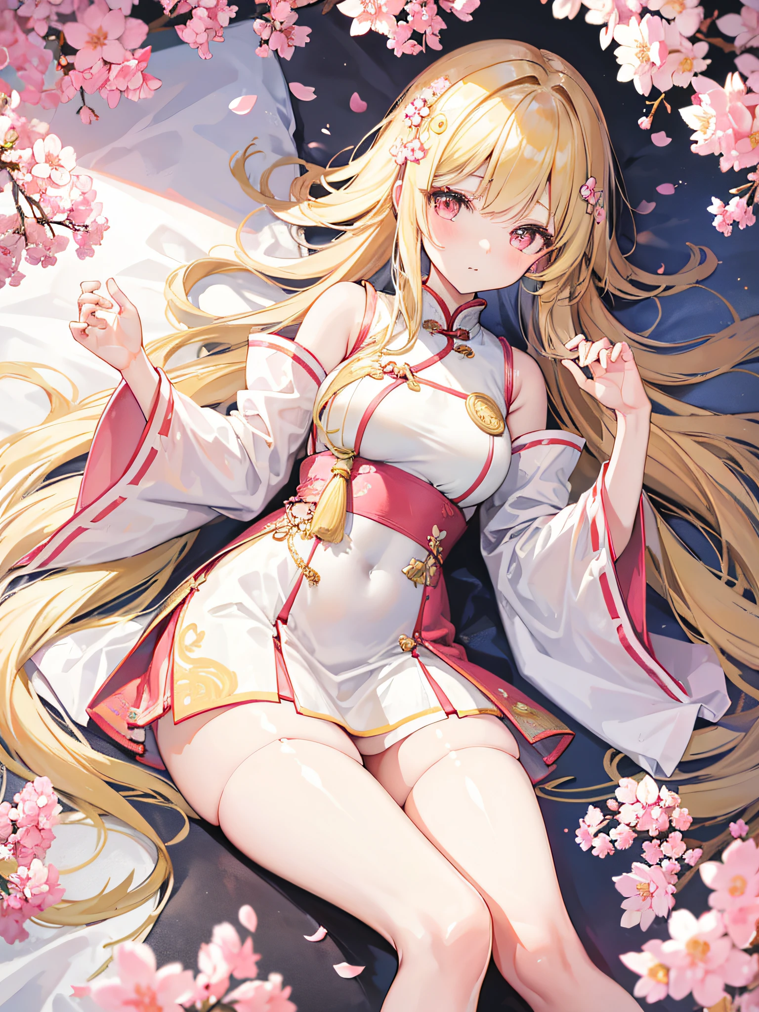 K,Two-dimensional girls,Light yellow flowing long hair(1:1.5),Cherry blossom pink white eyes,Fallen leaf hair ornaments(1:1.25),White and light yellow color-block short skirt Chinese dress,(On the upper left side of the chest there is a solid decoration that resembles a pudding),White suspender stockings((There are golden moire patterns on the thigh of the right leg)),Very cute。