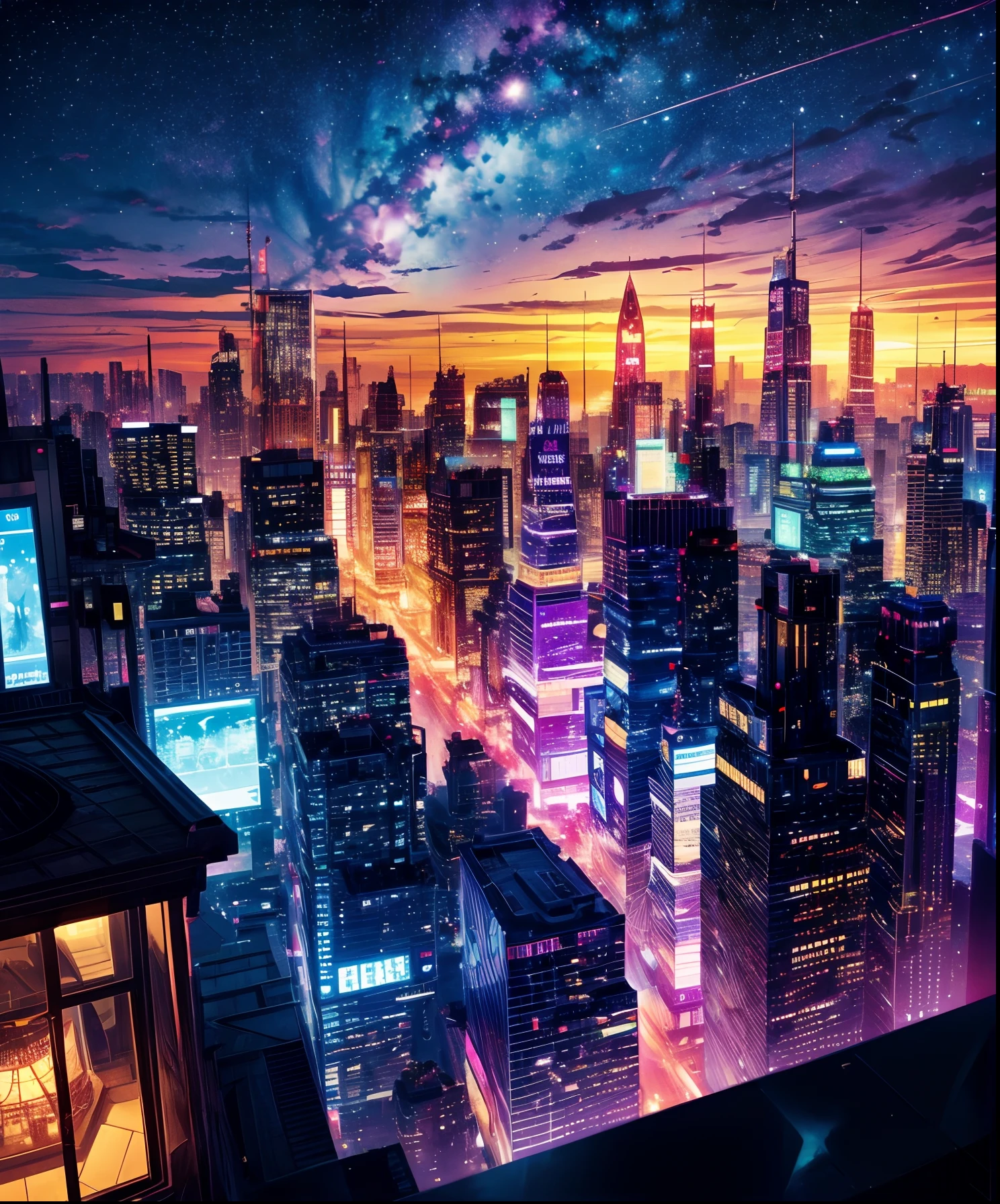 Glowing colorful sheet music plays、Cute girl characters、 Night view from a high place、Drawing a large number of skyscrapers, Looking up at the starry sky. Surround her with colorful nebulae and colorful metropolis.