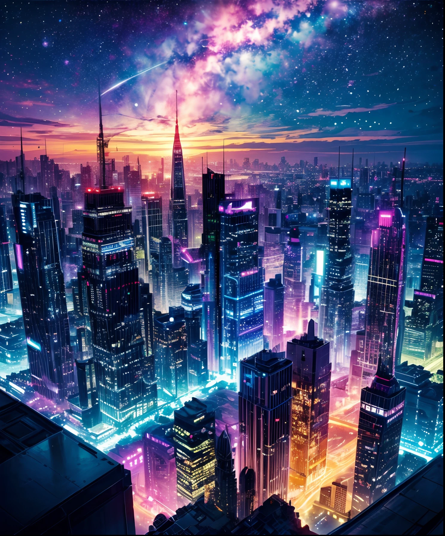 Glowing colorful sheet music plays、Cute girl characters、 Night view from a high place、Drawing a large number of skyscrapers, Looking up at the starry sky. Surround her with colorful nebulae and colorful metropolis.