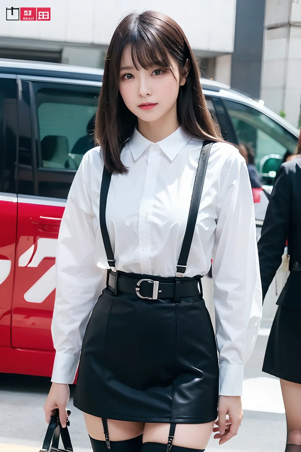 ​masterpiece、top-quality、The ultra -The high-definition、、colourfull、flat-colors、depth of fields、lens flare 1 girl、、A dark-haired、watching at viewers　Suits　Cutter shirt　a belt　suspenders　working adults　materia　OL　Black Suit　Black jacket　glares　huge-breasted　a miniskirt　garterbelts　knee high　Stockings　Black Niso