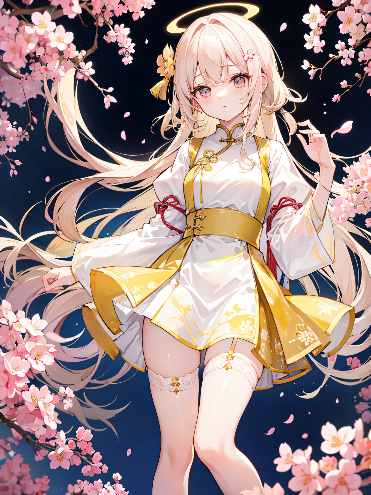 16k，Two-dimensional girls，Long flowing hair in light yellow（1:1.5），Cherry blossom pink white eyes，Fallen leaf hair ornaments（1:1.25），White and light yellow color-block short skirt Chinese dress，（In the upper left corner of the chest there is a solid decoration similar to pudding），White suspender stockings（（There are golden moire patterns on the thigh of the right leg）），Sit Pose，Very cute。