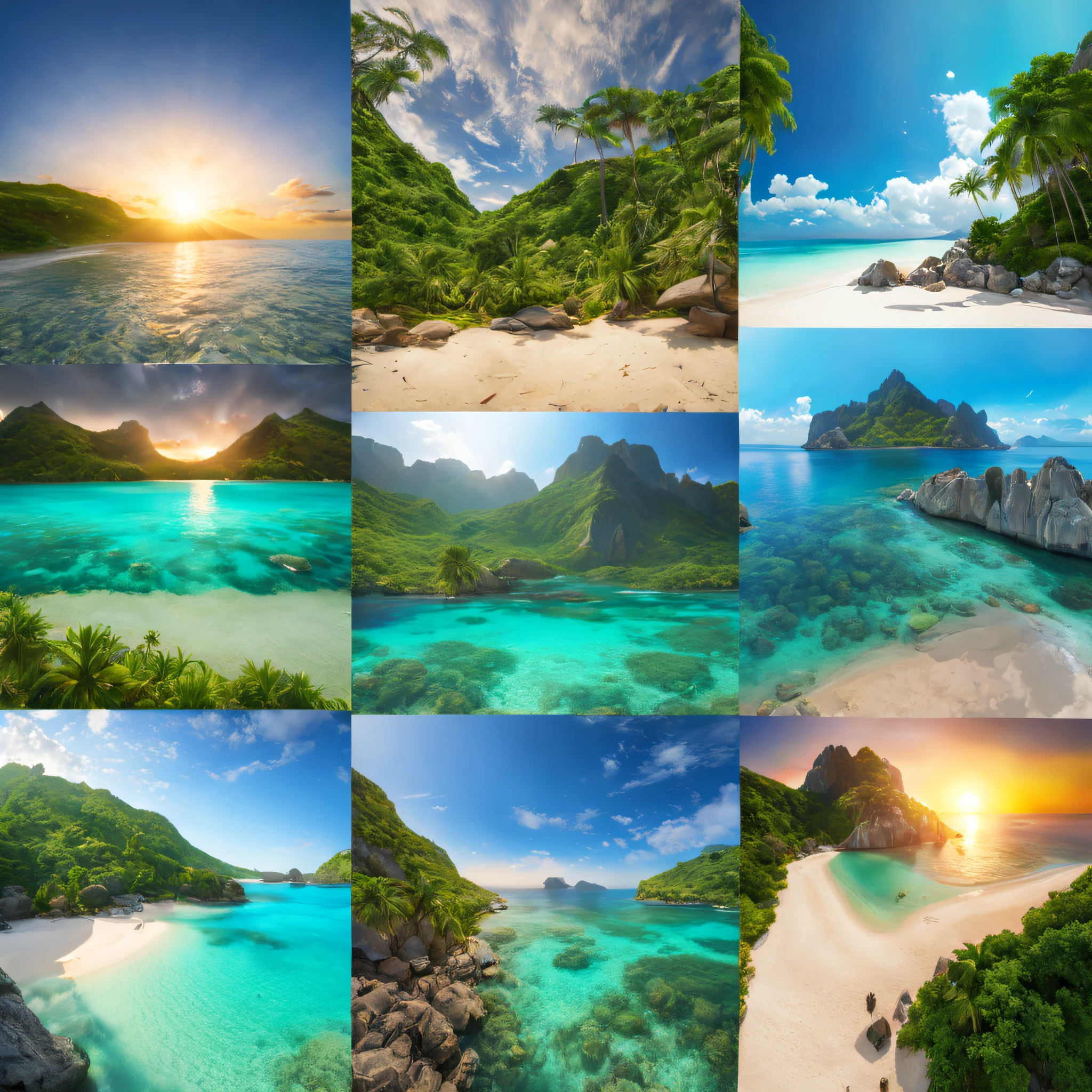 (best quality,4k,highres,masterpiece:1.2),ultra-detailed,realistic:1.37,photorealistic,HDR,UHD,aerial view,crystal-clear water,vivid colors, serene atmosphere,glowing sunset,remote island,hidden,isolated,breathtaking landscape,majestic,mountains,white sand beaches,tropical paradise,lush greenery,turquoise blue sea,tranquil,peaceful,secluded,untouched,pristine nature,warm sunlight,dreamy,fantasy,unforgettable,once-in-a-lifetime experience,romantic,serene,heartwarming,awe-inspiring surreal effects