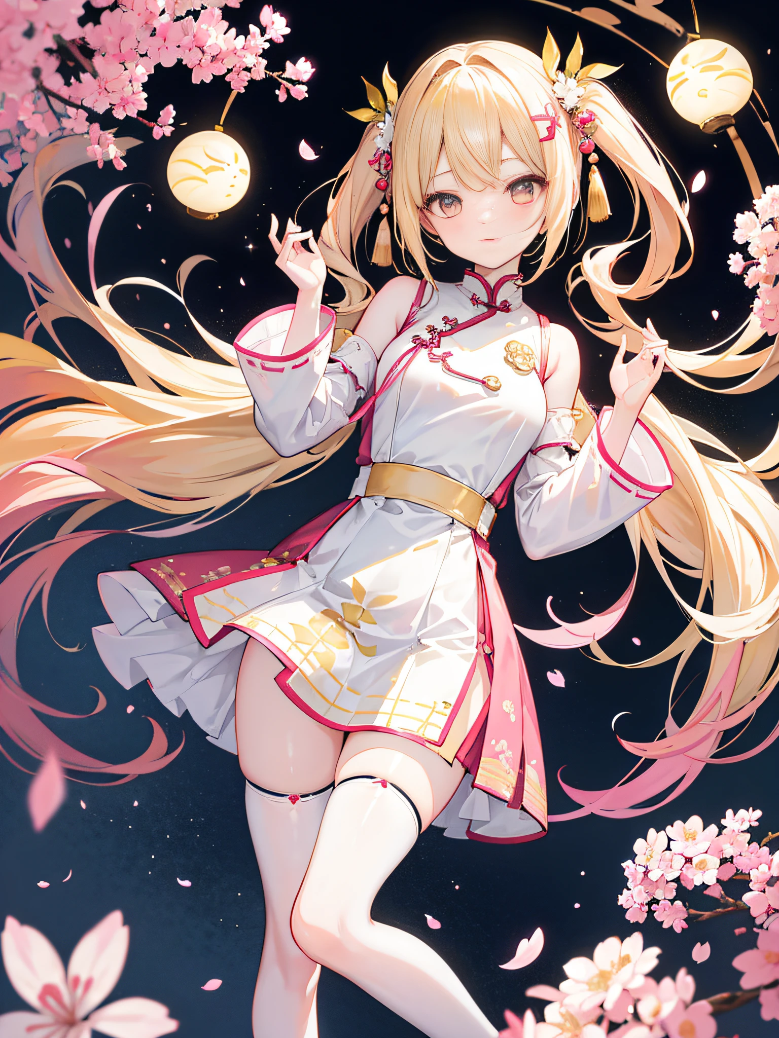 16k,Two-dimensional girls,Long flowing hair in light yellow(1:1.5),Cherry blossom pink white eyes,Fallen leaf hair ornaments(1:1.25),White and light yellow color-block short skirt Chinese dress,(In the upper left corner of the chest there is a solid decoration similar to pudding),White suspender stockings((There are golden moire patterns on the thigh of the right leg)),Stand up,Very cute。