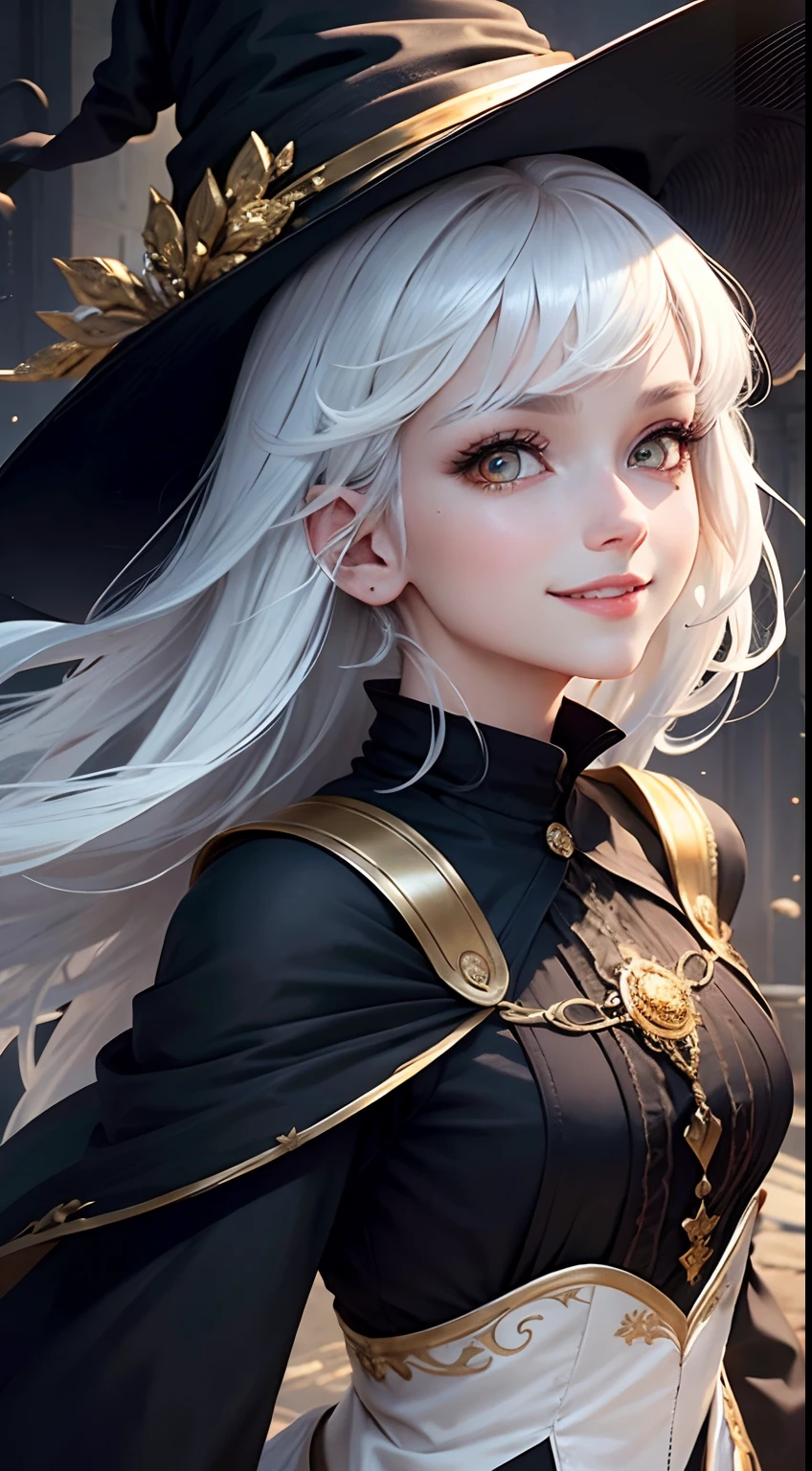 best quality, white hair, gold eyes, black clothes, looking up, upper body, hair strand, Fair skin, smiling, Witch