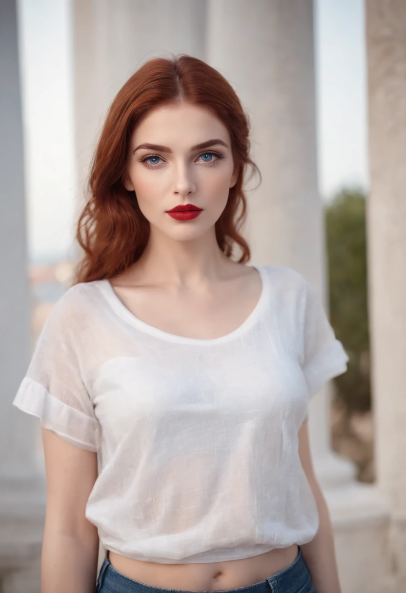 Beautiful greek woman 24 age 4k-resolution . with white transparent t-shirt Maximum realistic hyper-detailed skin, (profesional photography) blue eyes red lipstick on the lips red hair full body photo