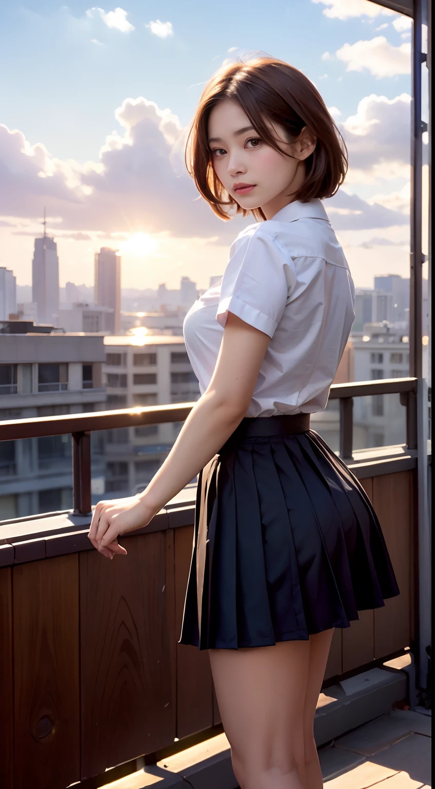 nsfw, 8K raw photo, Best quality, masterpiece, ultra high res, film grain, 1girl, looking at viewer, natural skin texture, realistic eye and face details, full lips, lipstick, rouge \(makeup\), red eyeshadow, fluffy short hair, messy hair, smile, close mouth, beautiful legs, tall female, skinny, slim_legs, medium breasts, cleavage, ultra short skirt, ass, open shirt, bedroom background, plaid skirt, white shirt, loafers, blurry background, brown hair, bracelet, water, bangs, , jewelry, parted lips, pleated skirt, depth of field, from behind, jenya.d