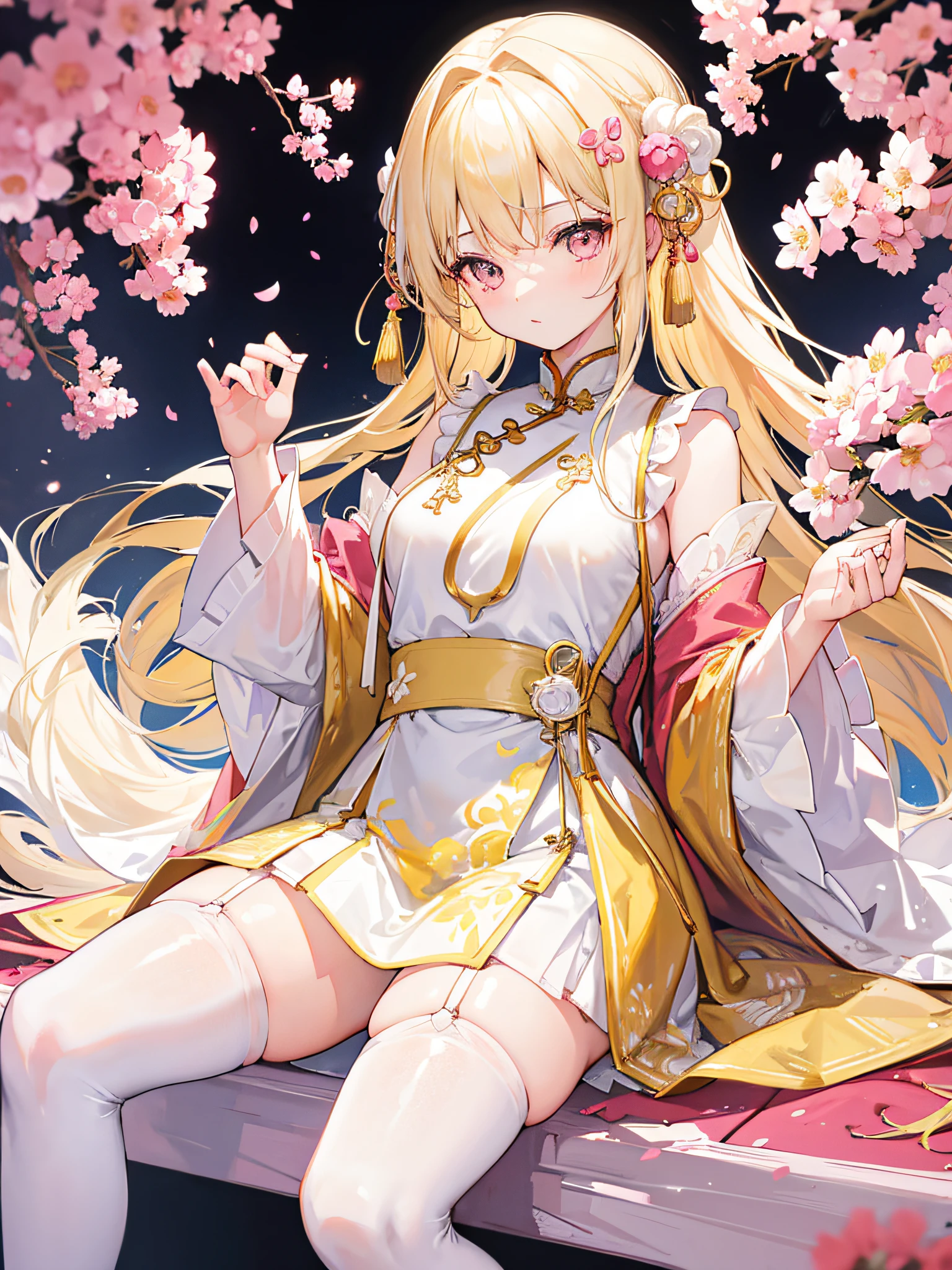 16k,Two-dimensional girls,Long flowing hair in light yellow(1:1.5),Cherry blossom pink white eyes,Fallen leaf hair ornaments(1:1.25),White and light yellow color-block short skirt Chinese dress,(In the upper left corner of the chest there is a solid decoration similar to pudding),White suspender stockings((There are golden moire patterns on the thigh of the right leg)),Sit Pose,Very cute。