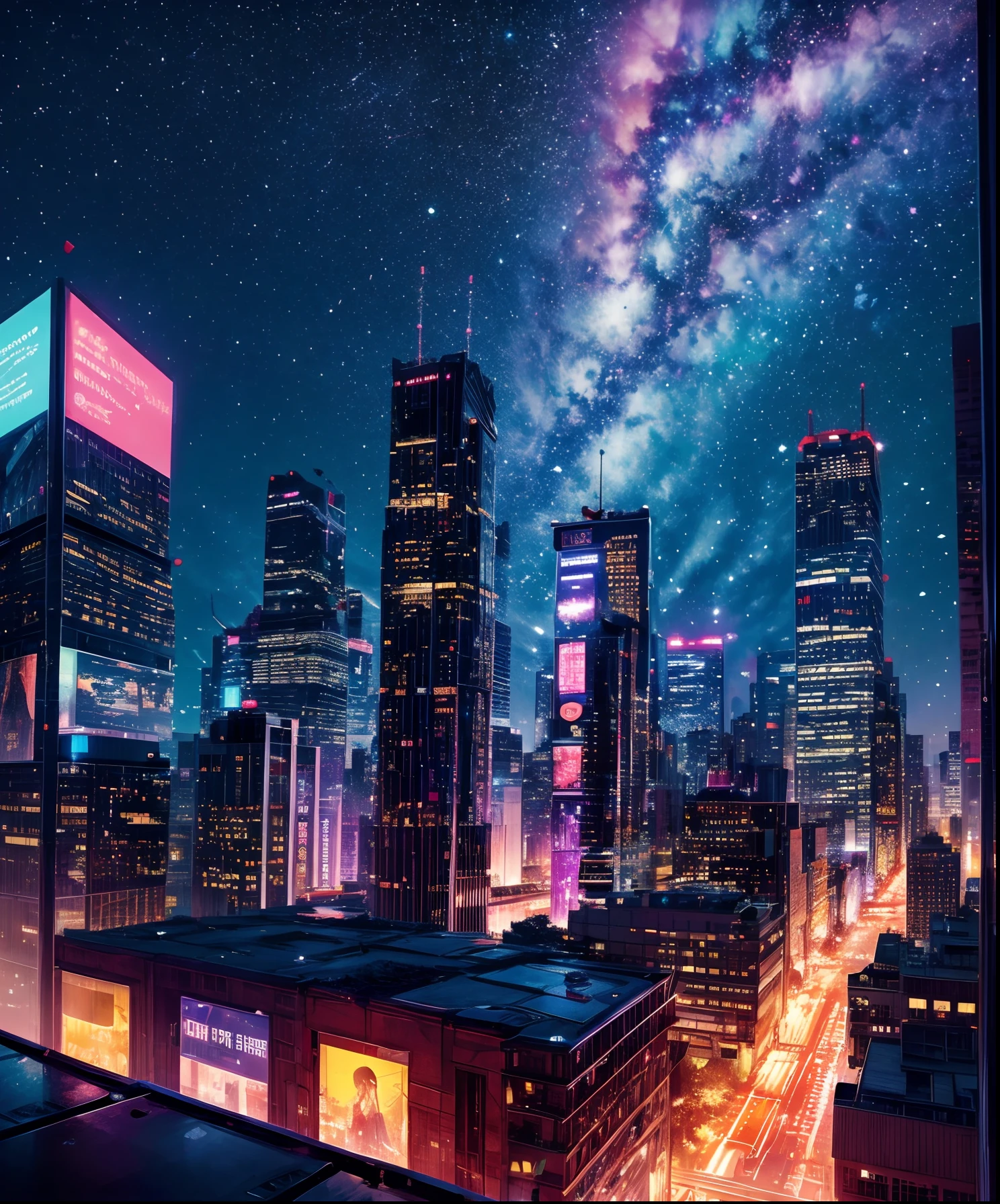 Glowing colorful sheet music plays、Cute girl characters、 Night view from a high place、Drawing a large number of skyscrapers, Looking up at the starry sky. Surround her with colorful nebulae and colorful metropolis.