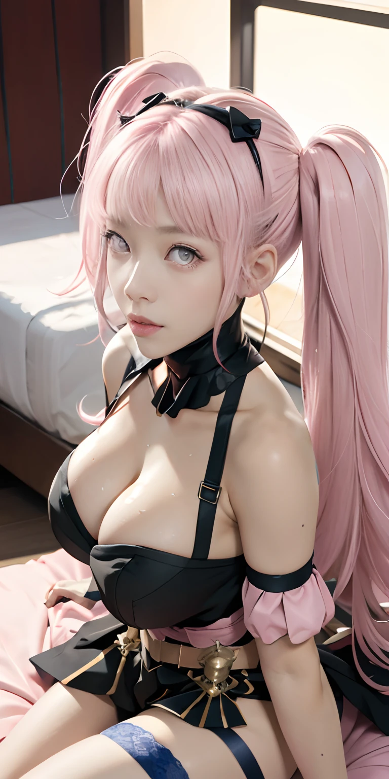 masutepiece, Best Quality, ((Pink eyes)), (fascinated expression), Black mask on the face,Very long hair,Twin tails up to the waist,red blush ,1 girl, Large breasts, cleavage, Facing the audience, Very big, (Large valleys), (large sagging breasts), in hotel, Sexy, Glamorous, Body wet with white liquid ,tight skirts ,Lying down on the bed,Lying on your back,Shooting from above,Stockings