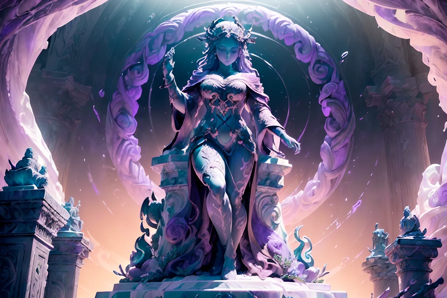 (((masterpiece:1.1))), 3d, hdr, high quality, insane quality, A statue of the goddess Kali made of amethyst crystals standing beneath the moonlight, the statue sprakles with an ethereal fractal radiance, realistic:1.1, watercolour, intricate details, ultra detailed, high quality, masterpiece, sculpture, volumetric lighting
