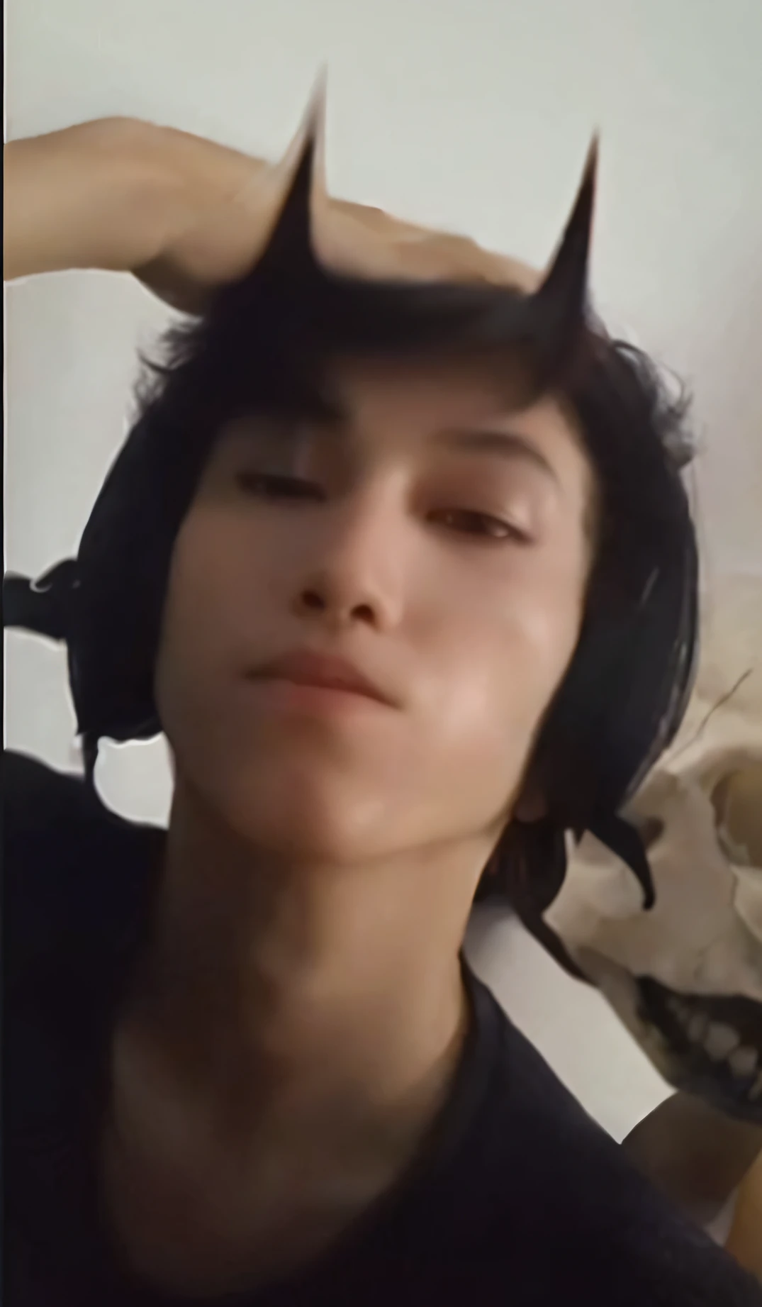 Change only this boy's hair, add a long and beautiful hair to this boy without changing anything else in his image, just change the hair and add a tattoo on his neck and a skull mask in his mouth