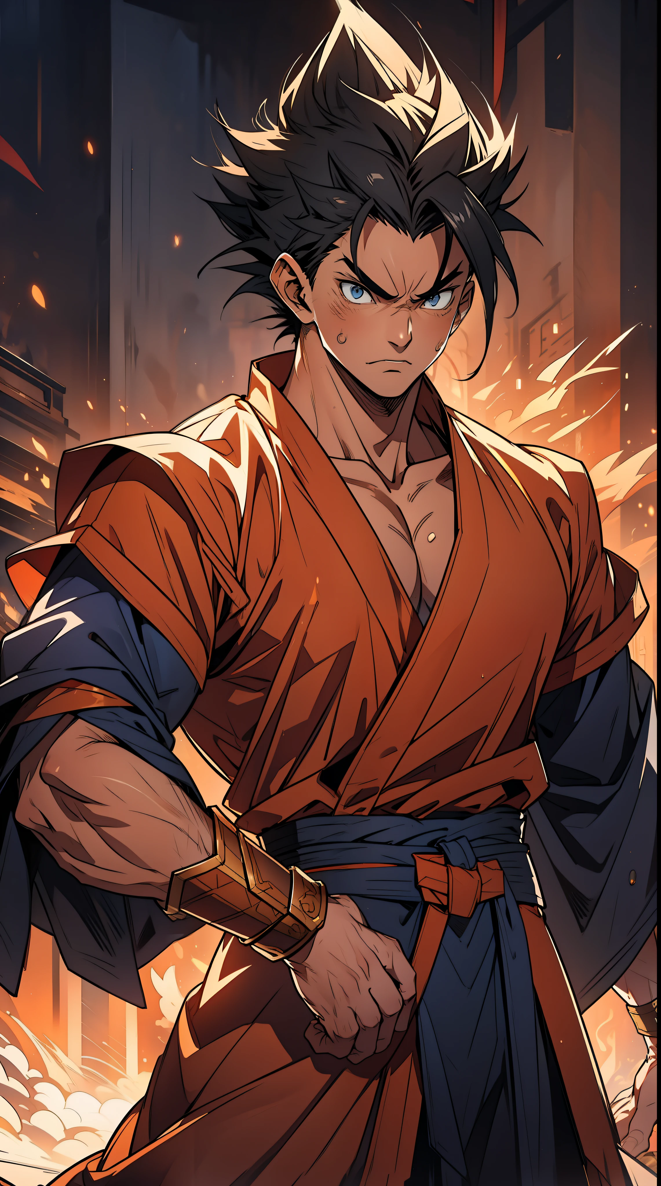 quadratic element,style of shonen anime artwork,mtu(Male Warrior)goku,The proportions are correct,Face details,highly detailed eyes, swordsmen,goku hairstyle,Neck details,Blue suit,kaftan,long blue robes,clothes details,getting ready to fight,short sleeves,Game quality,Swordsmanship,Light and shadow tracking,Ray traching,detailed glow,cg render,hair detail,silver goku style hair,blue colored eyes,Handsome,Handsome,(juvenile sense),Clothing is complicated,Perfectcomposition,Refinement,high qulity,higher details,Lots of details,The background is complex,a sense of atmosphere, angry looking, ((anime))((colorful)), 8k, ((masterpiece)), HDR, highly detailed, professional