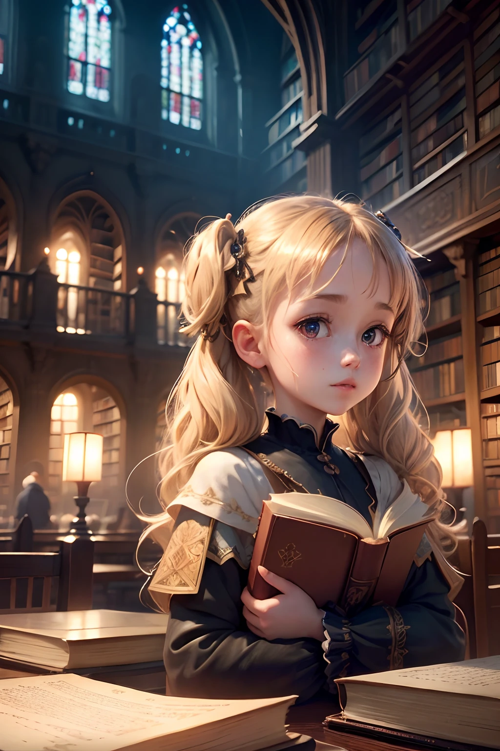 (the Extremely Detailed CG Unity 8K Wallpapers), most beautiful artwork in the world, 1girl in, Upper body,Petite girl with blonde twin tails,angelicales,stain glass,old book,Medieval library