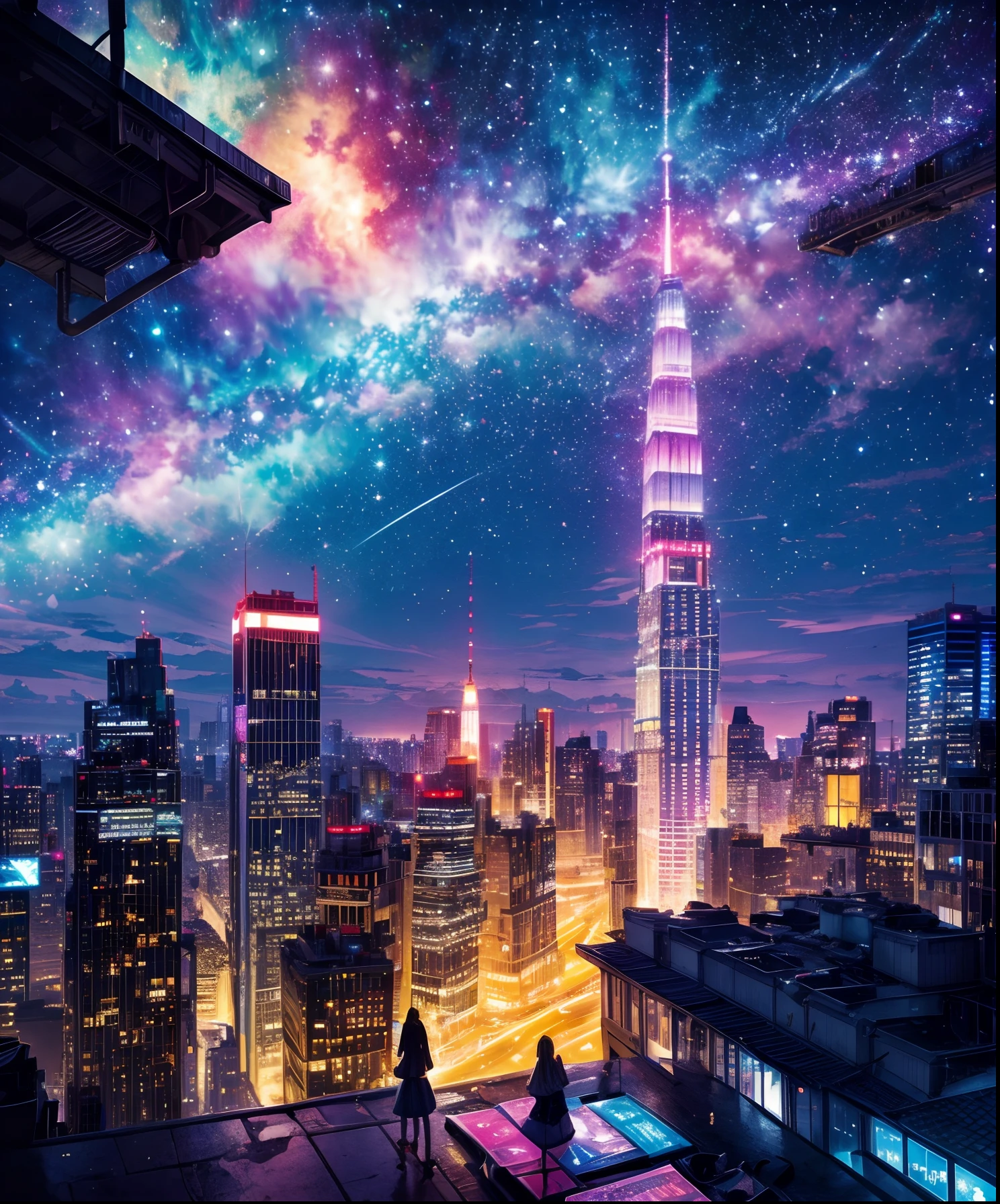 Glowing colorful sheet music plays、Cute girl characters、 Night view from a high place、Drawing a large number of skyscrapers, Looking up at the starry sky. Surround her with colorful nebulae and colorful metropolis.