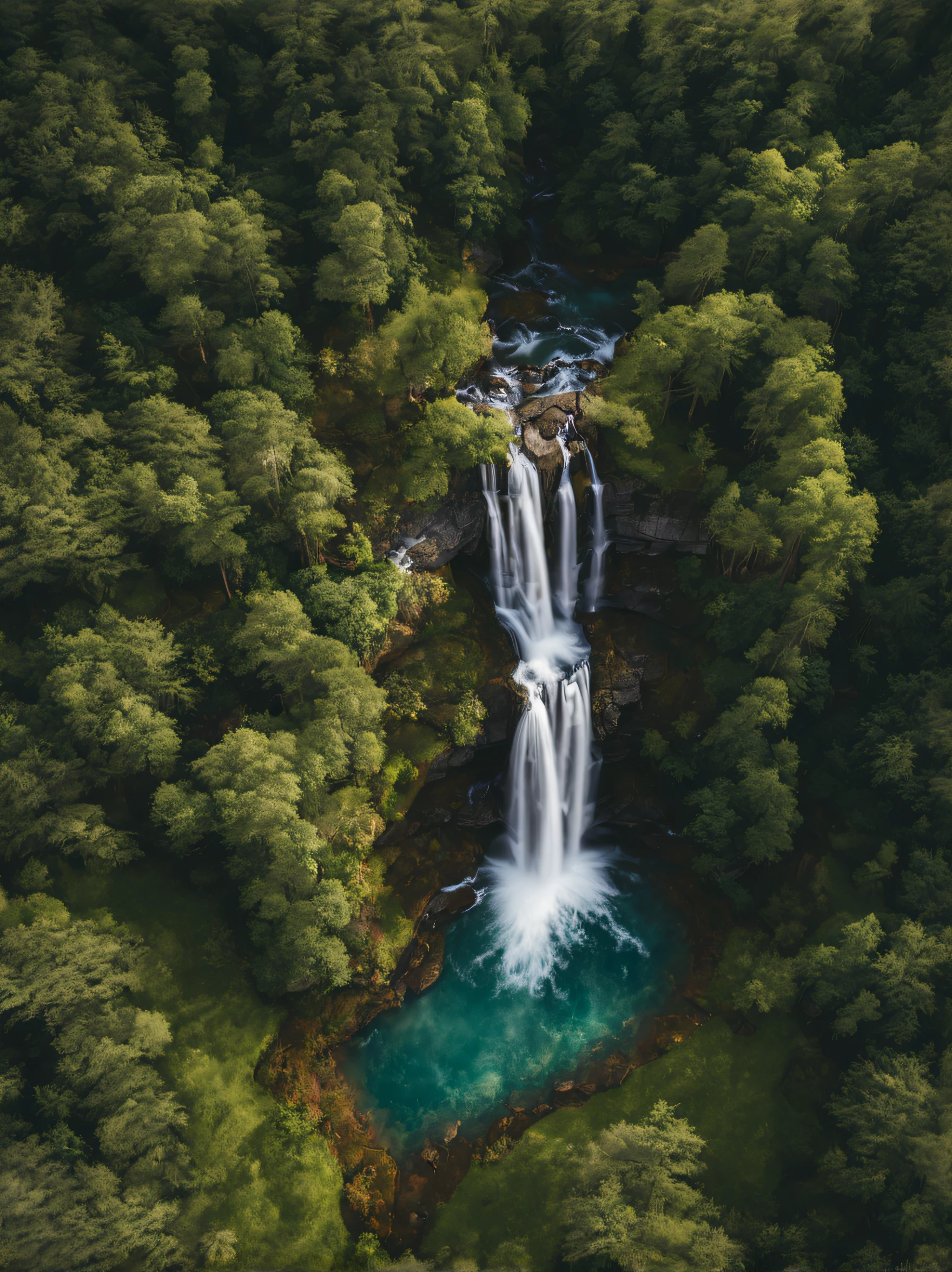 A beautiful shots of waterfall, a drone shots, highly details, realistic image, shots in RAW, landscape photography