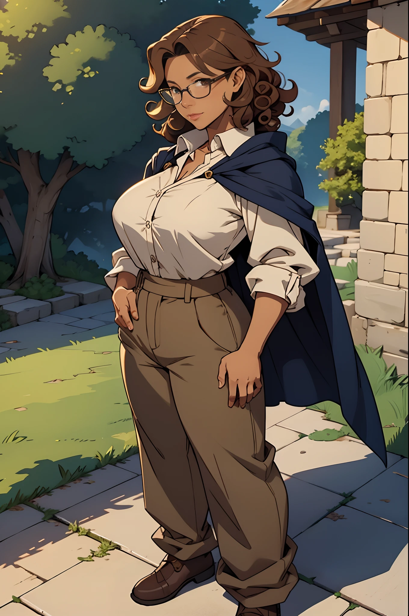 Solo, female, standing, looking at viewer, (tan skin), fantasy village, linen shirt, navy cloak, pants, light brown hair, curly hair, glasses, big breasts