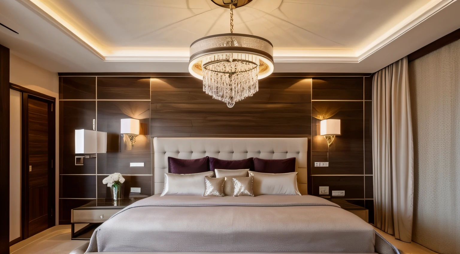 Dormitorio de lujo, Cosy lighting, Elegant color scheme, Suelo de madera, Wall decoration, Luxury chandelier, derriere, Cama de lujo, lamp light,
