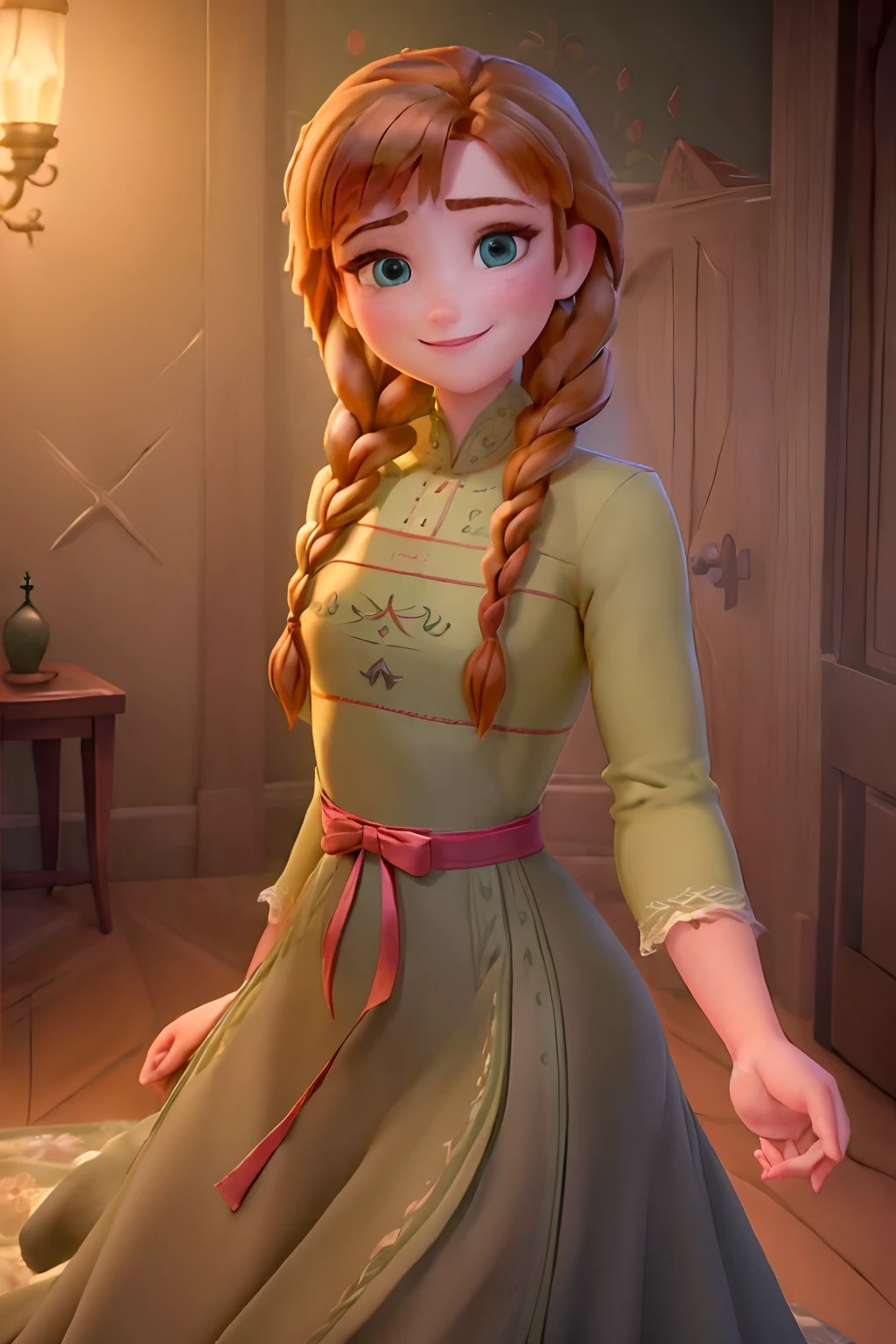 (masterpiece:1.4), (best qualit:1.4), (high resolution:1.4), anna of arendelle, green nightgown, twin braids, night, looking at viewer, smile,