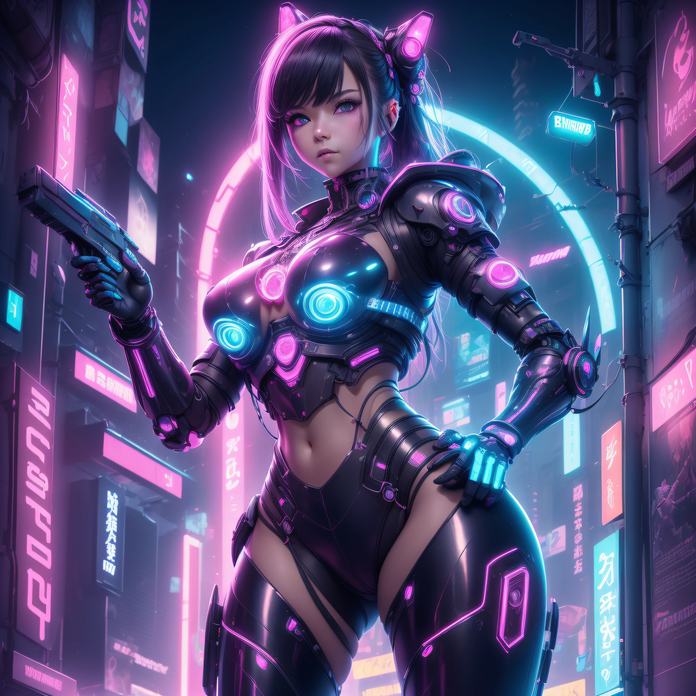 (kawaii background:1.3),(extremely detailed fine touch:1.3),neon trim, neon lights,neonpunk, night,crystal skin, robot,cyberpunk,1girl,cowboy_shot,(from_below:1.3),, (masterpiece:1.3), (best quality:1.3), 1girl, extreme camel toe visible through the opaque armor