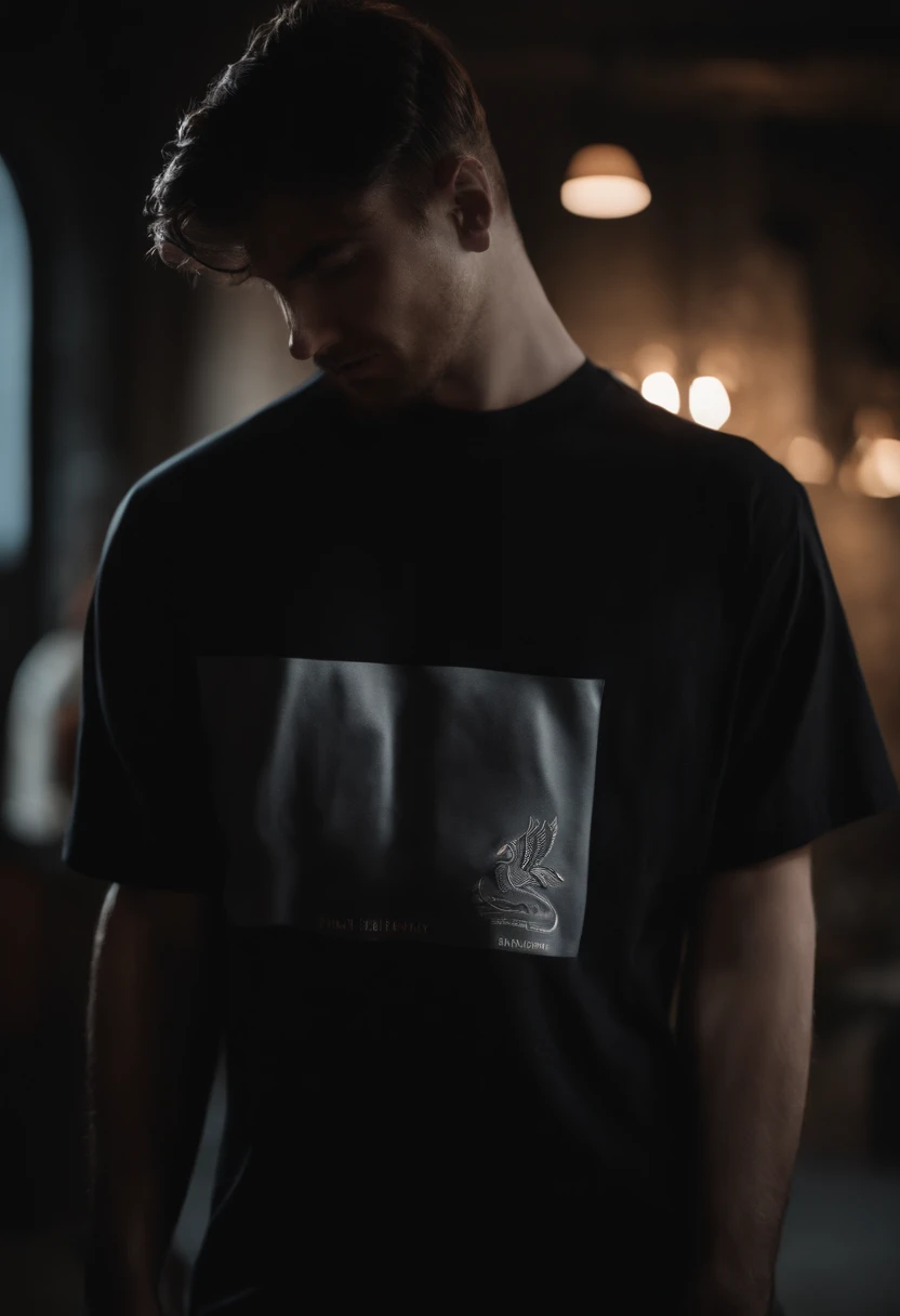IMAGE_TYPE: Product mockup photography | GENRE: Fashion | EMOTION: Stylish | SCENE: A hanging fashion black oversize t-shirt positioned for mockup design, showcasing its high resolution and high-quality fabric, with a subtle shadow effect. The black oversize tshirt is displayed against a backdrop of a fire with a blue brick wall in the background. | ACTORS: None | LOCATION TYPE: Indoor setting | CAMERA MODEL: Canon EOS 5D Mark IV | CAMERA LENS: 50mm f/1.2 | SPECIAL EFFECTS: Soft lighting | TAGS: product mockup photography, fashion, stylish, black oversize t-shirt, mockup design, high resolution, high quality, shadow effect, fire