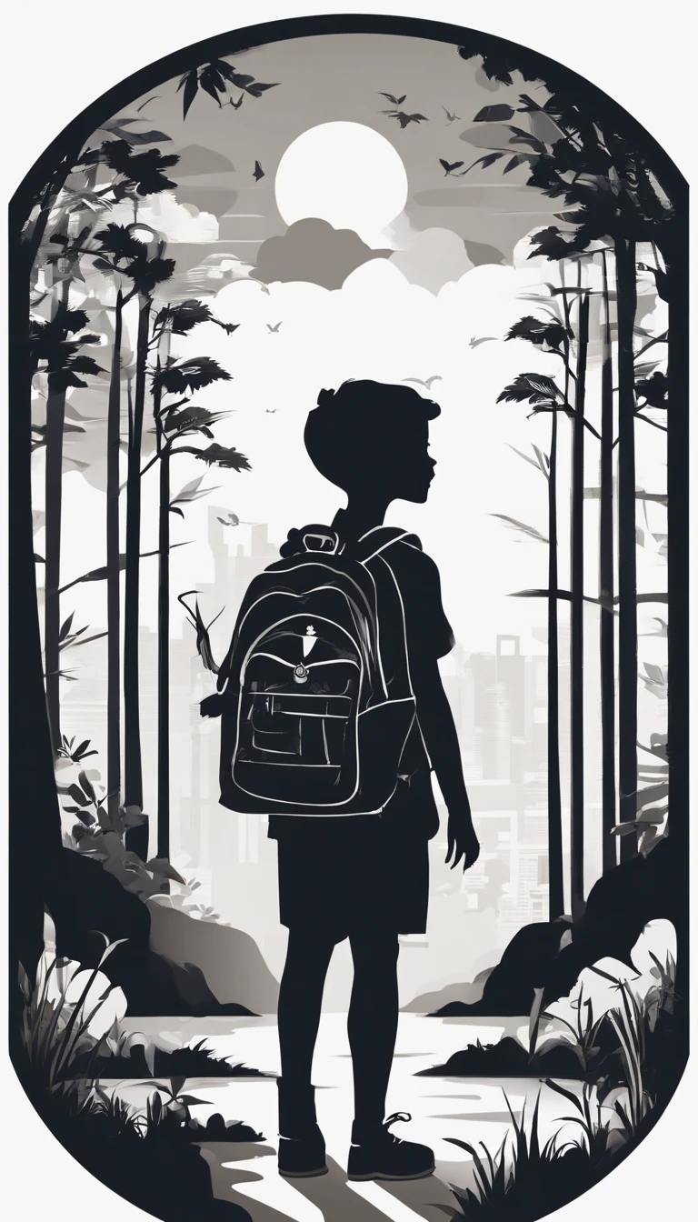 (Silhouette art,) (((arte em papel cortado,A world where only black exists:1.3),A young adventurer with a big smile,Carrying a small backpack,Eyes full of curiosity and courage。