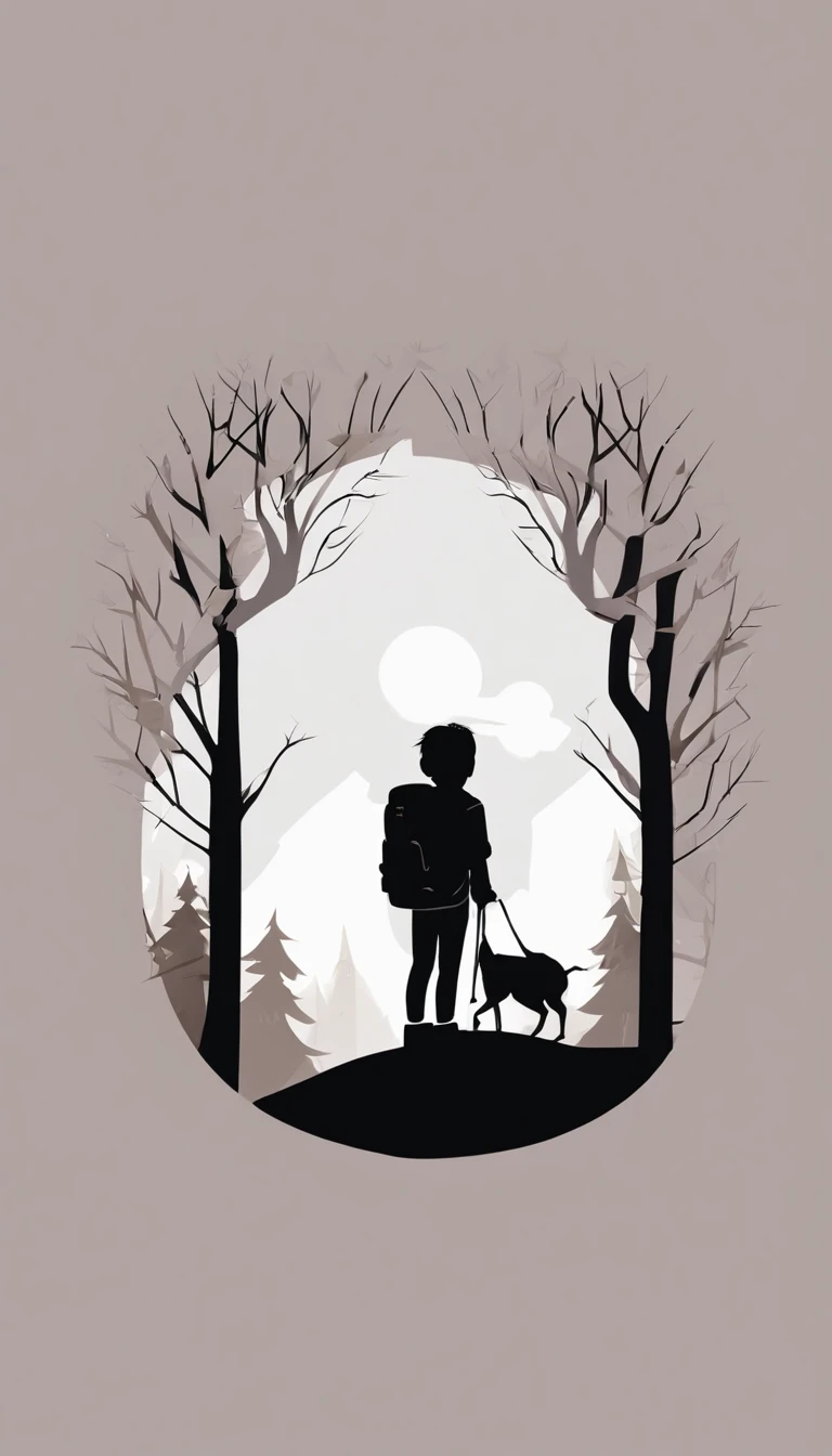 (Silhouette art,) (((arte em papel cortado,A world where only black exists:1.3)，A young adventurer with a big smile，Carrying a small backpack，Eyes full of curiosity and courage。