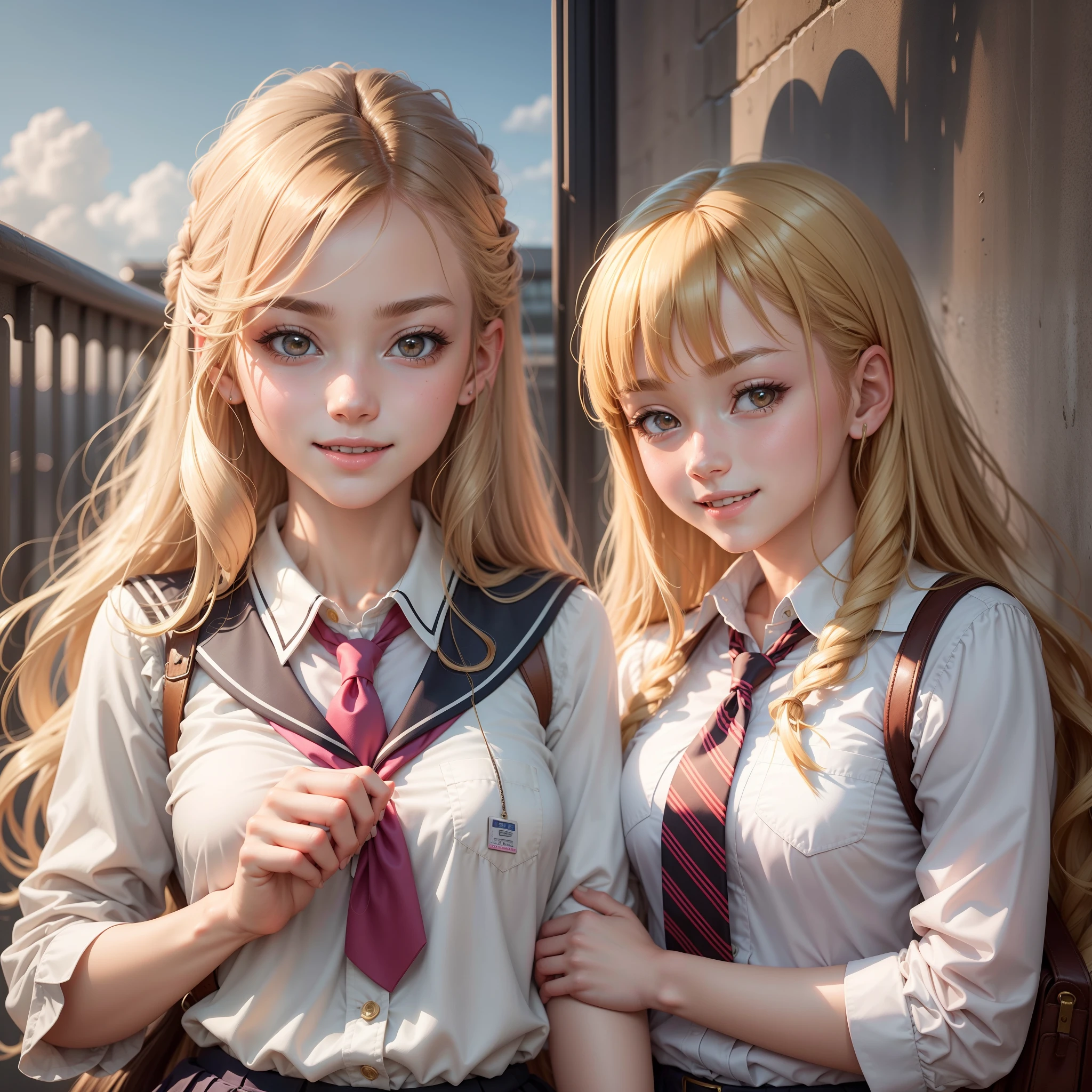 Several girls smiling school uniform high quality beautiful girl harem masterpiece long blonde hair brown hair pink