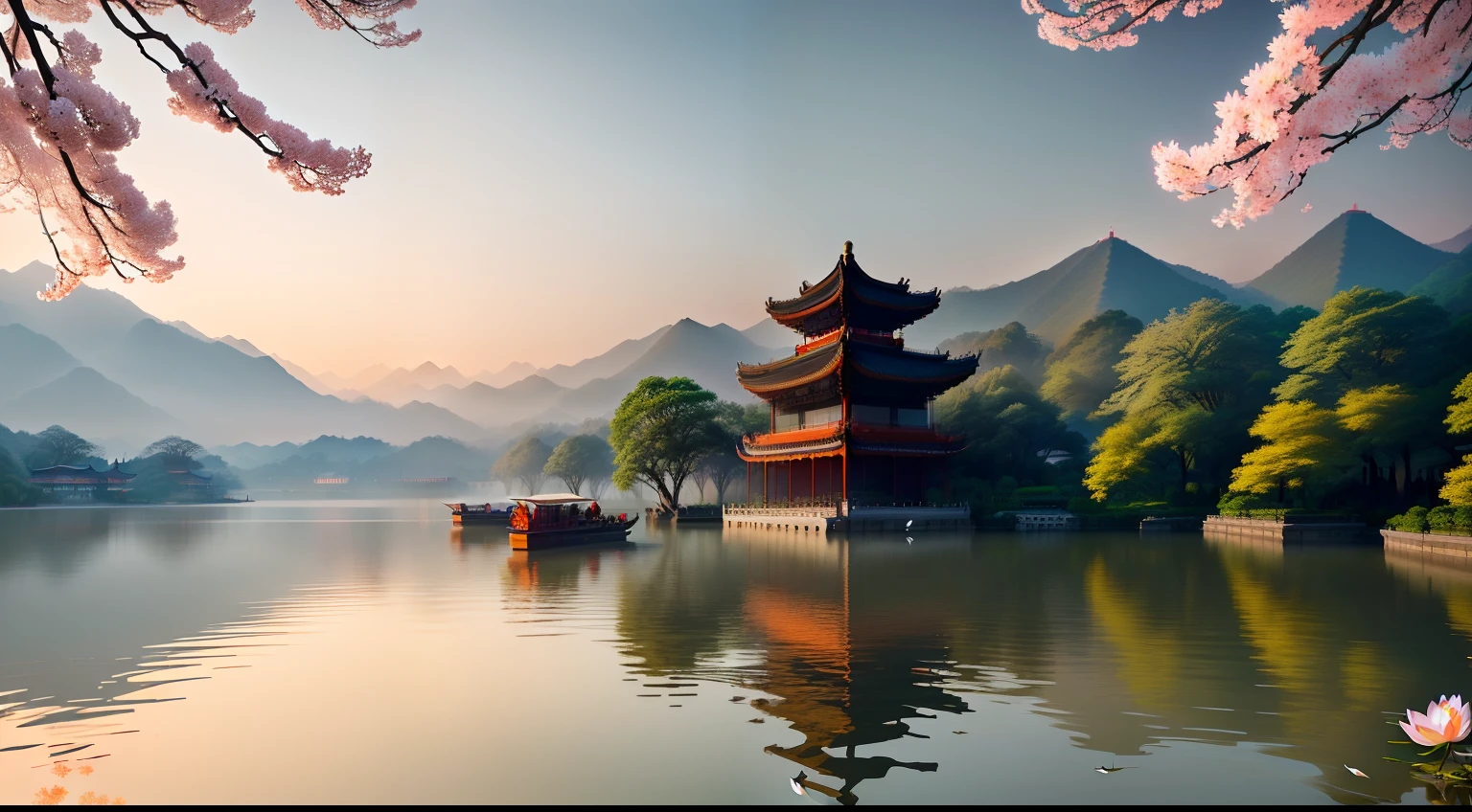 A masterpiece, exquisite. The beautiful scenery of Hangzhou West Lake, near the lake, lotus flowers, in the distance is Leifeng Pagoda, and in the sky is cranes