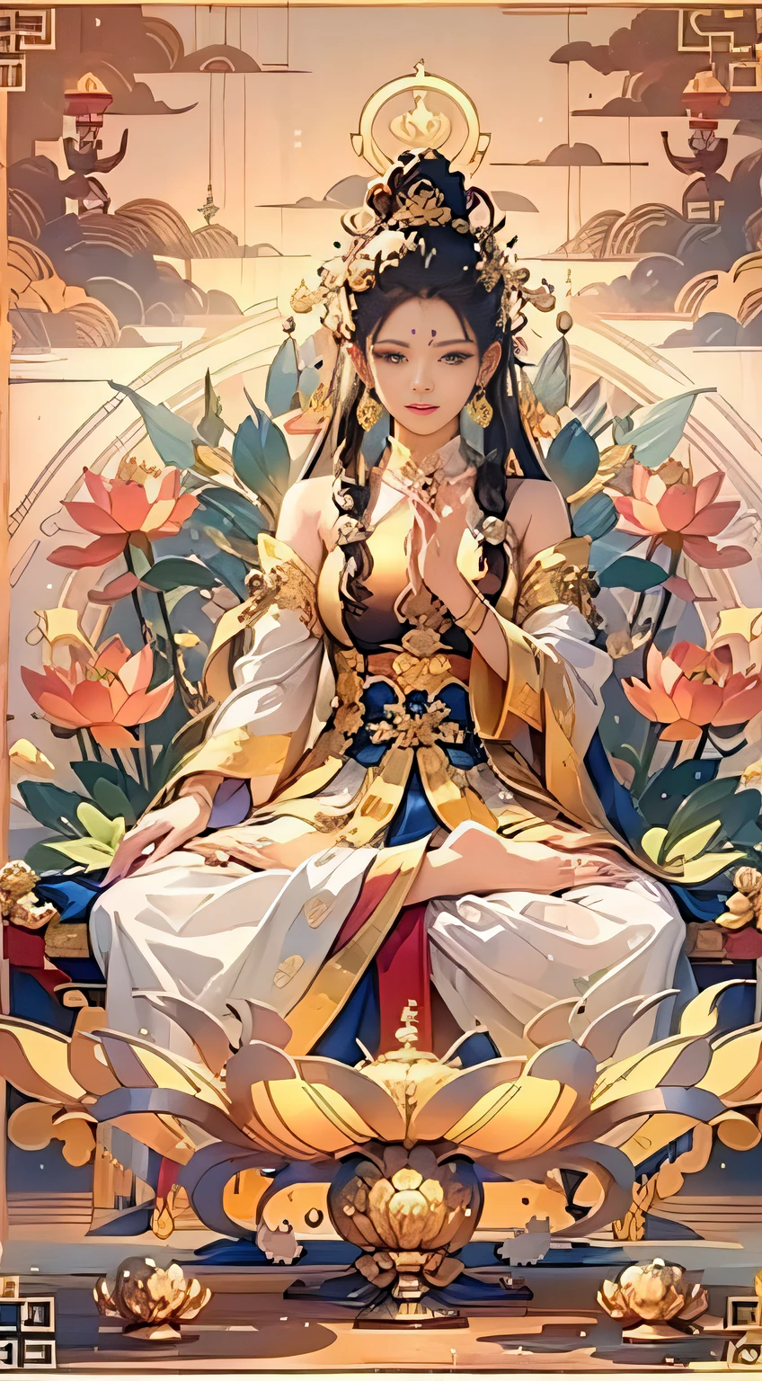 （Chinese immortals）, （Buddhism）, Multip_Hands，（mythological stories）, （bodhisattva）, She sits on a lotus, （Three hands on the left，Three hands on the right, Each hand holds a different Buddhist vessel, left right symmetry），（Delicate and beautiful face）, （White silk robe）sitting on a lotus flower, Frontal photo，Light smile, neo-classical, OP Art, Chiaroscuro, Cinematic lighting, god light, Ray tracing, character sheets, projected inset, first person perspective, hyper HD, Masterpiece, ccurate, Textured skin, Super detail, High details, High quality, Award-Awarded, Best quality, A high resolution, 8K