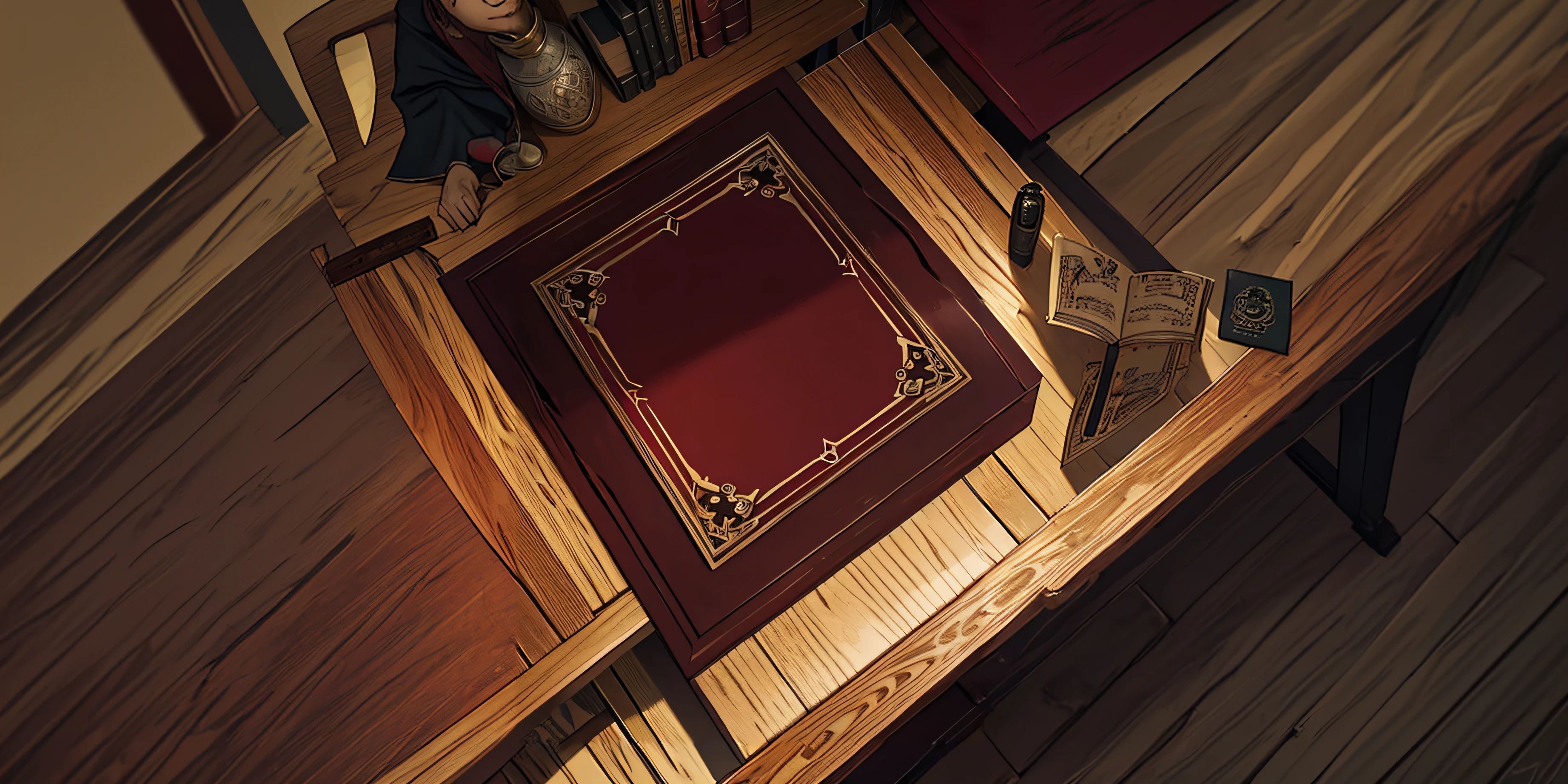 burgundy color book on wooden table medieval theme top view