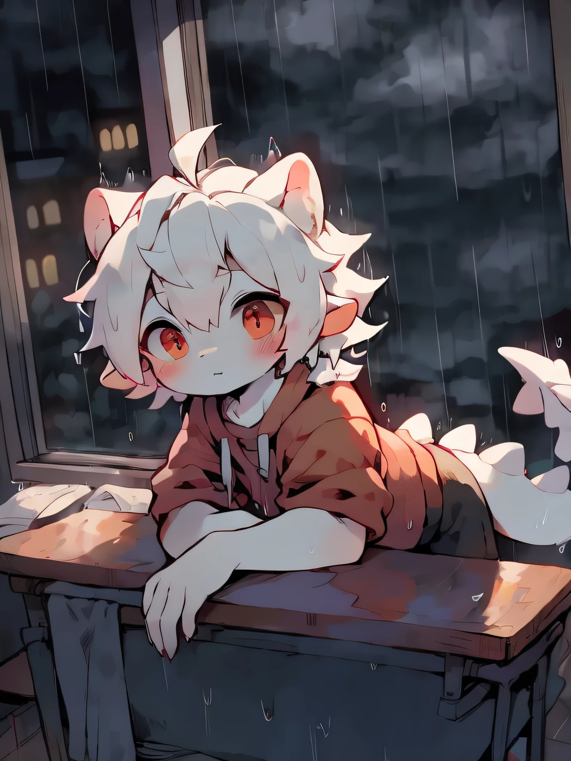 A white-haired dragon, Wear a light red sweatshirt and black shorts, Sit in the last row of the classroom, Looking out the window it was raining