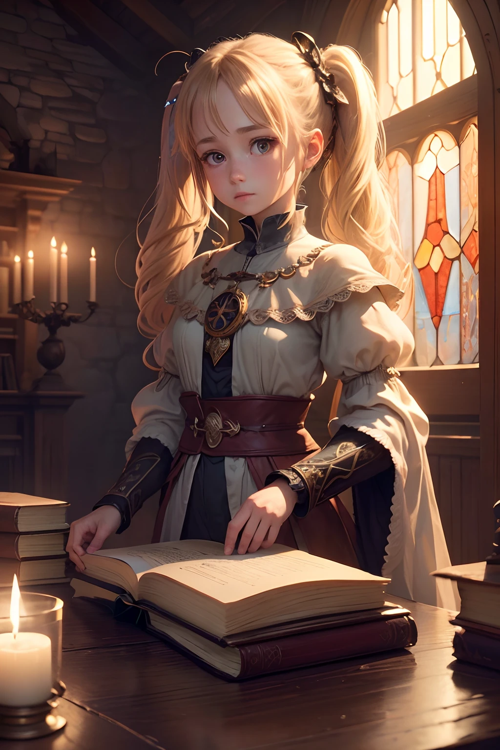 (the Extremely Detailed CG Unity 8K Wallpapers), most beautiful artwork in the world, 1girl in, Upper body,Petite girl with blonde twin tails,angelicales,stain glass,old book,a medieval castle,magic circles