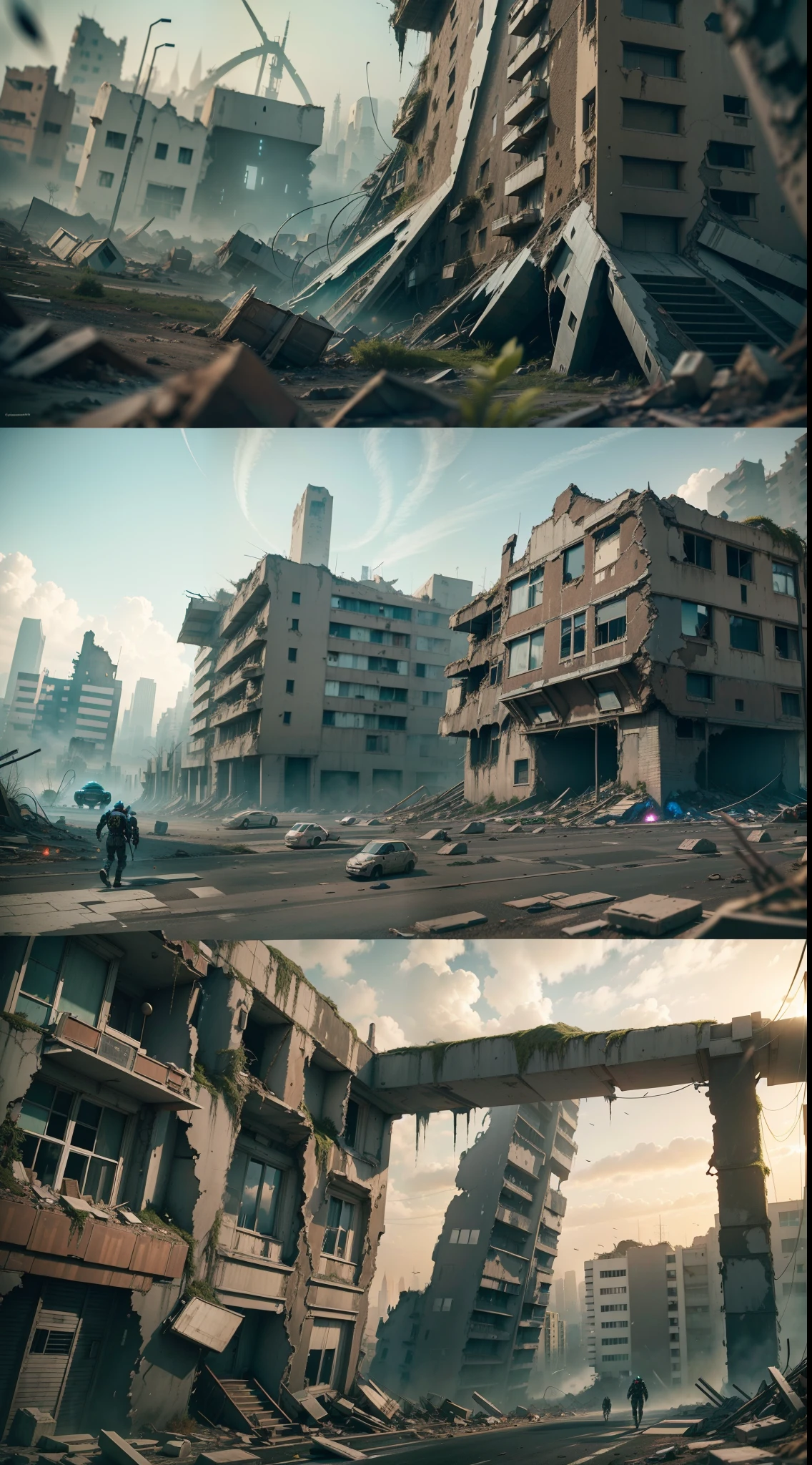 A highly detailed and technologically advanced alien monster in a post-apocalyptic cityscape, houses in ruins, in the distance six alien monsters are destroying the houses. Another dimension, the creator of the universe,Walking on empty streets, Around ancient strong magic, 8K photo quality, intricate details, depth of field,