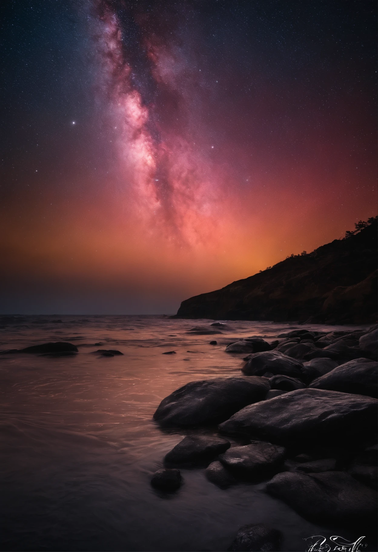 Water, Sea, dark sky, Rain, Stars, starfall, Galaxy,Aurora、shooting stars