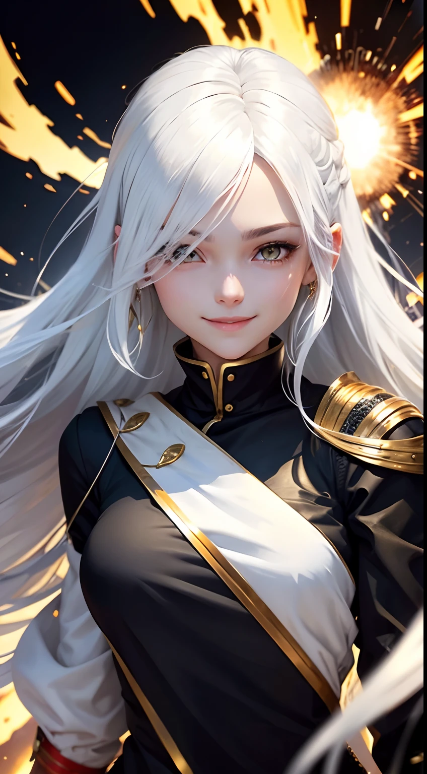 best quality, white hair, gold eyes, black clothes, hair strand, Fair skin, smiling, explosions